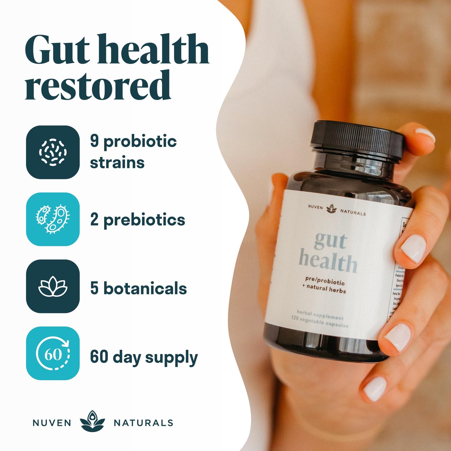 Nuven Naturals All-in-One Gut Health with Probiotics, Prebiotics, Digestion-Supporting Herbs, and Adaptogens Capsules 120