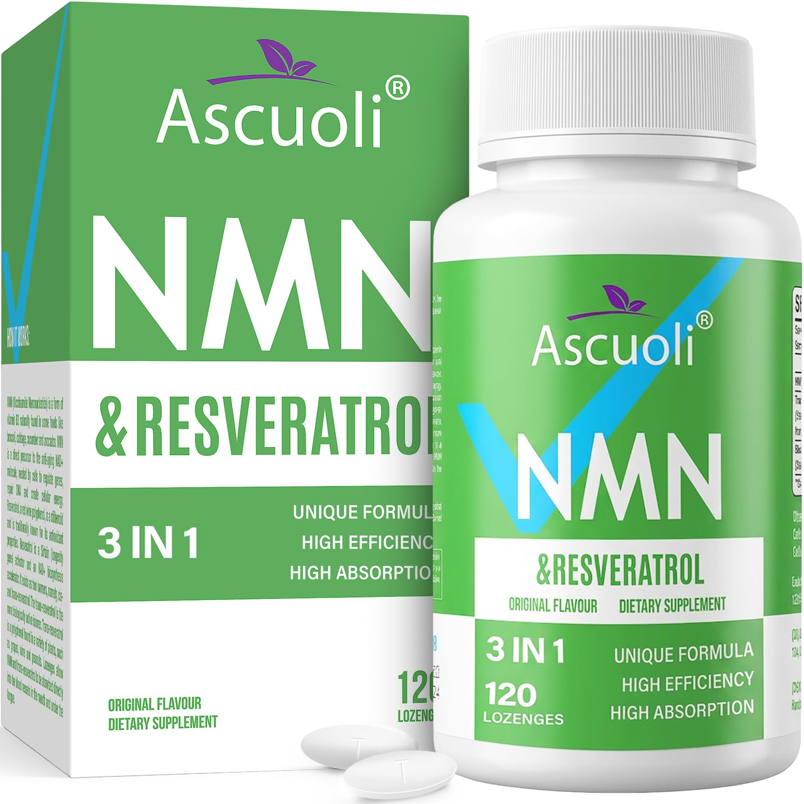 Ascuoli NMN + Trans-Resveratrol Tablet, 120 Count
