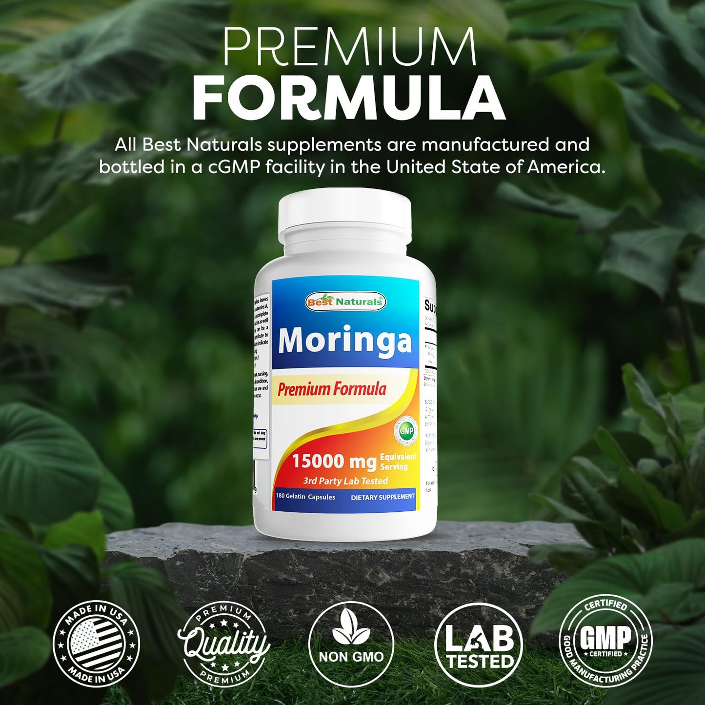 Best Naturals Moringa Extract 10:1 1500mg Capsules, 180 Count
