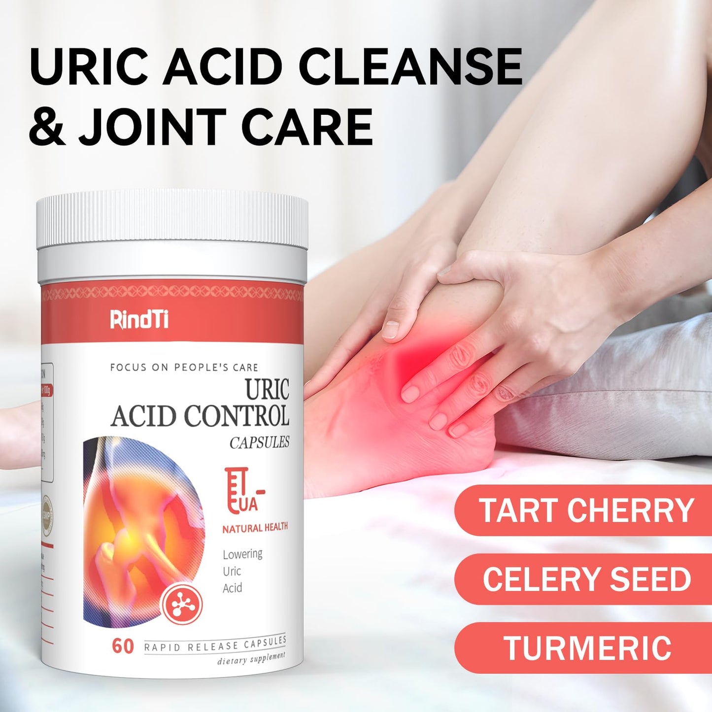 RindTi Purge Uric Acid Flush Detox and Cleanse with Tart Cherry, Celery Seed Extract and Turmeric for Daily Joint Comfort and Kidney Support, 60 Capsules