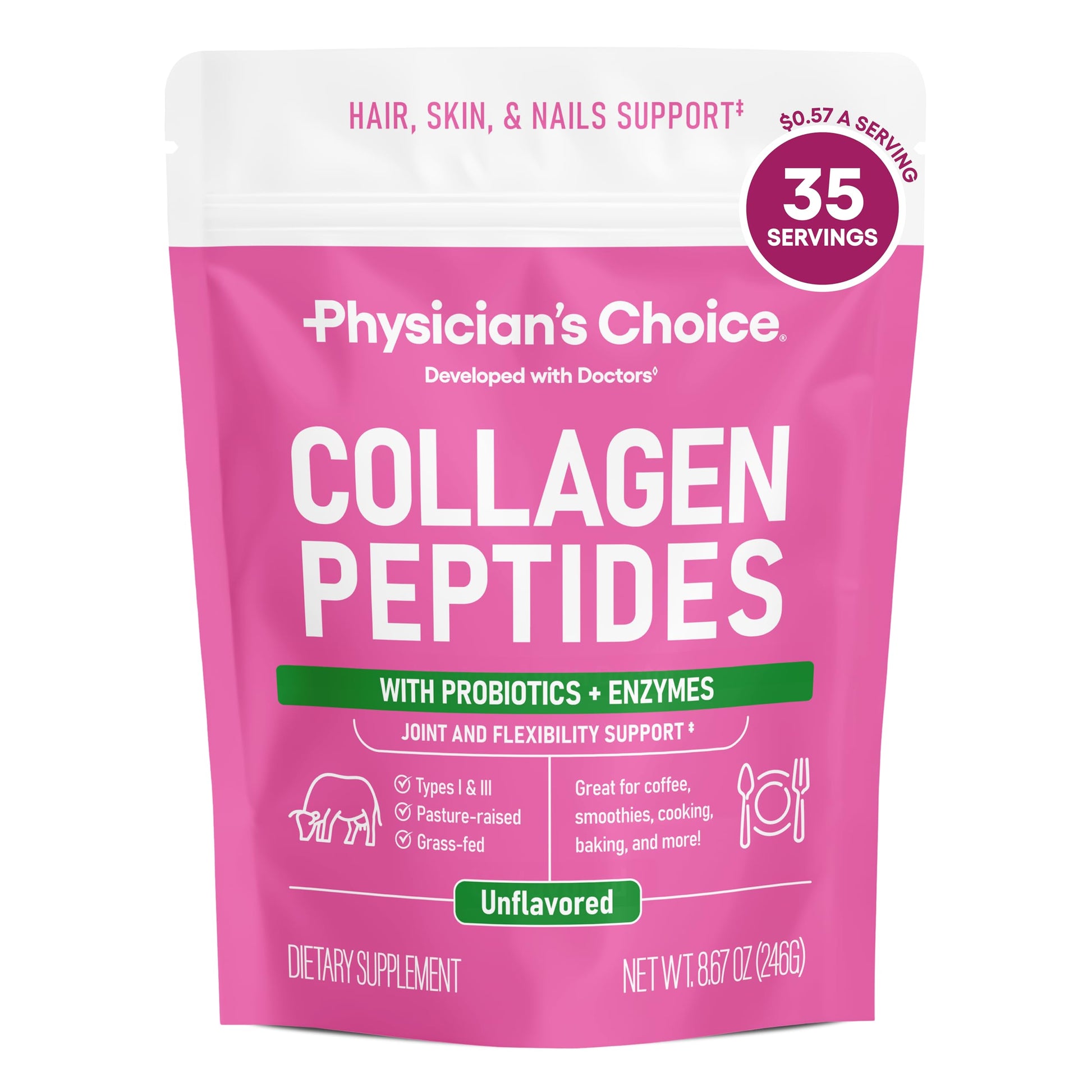 Physician's CHOICE Collagen Peptides Protein Powder, Grass Fed, 8.67 Ounce