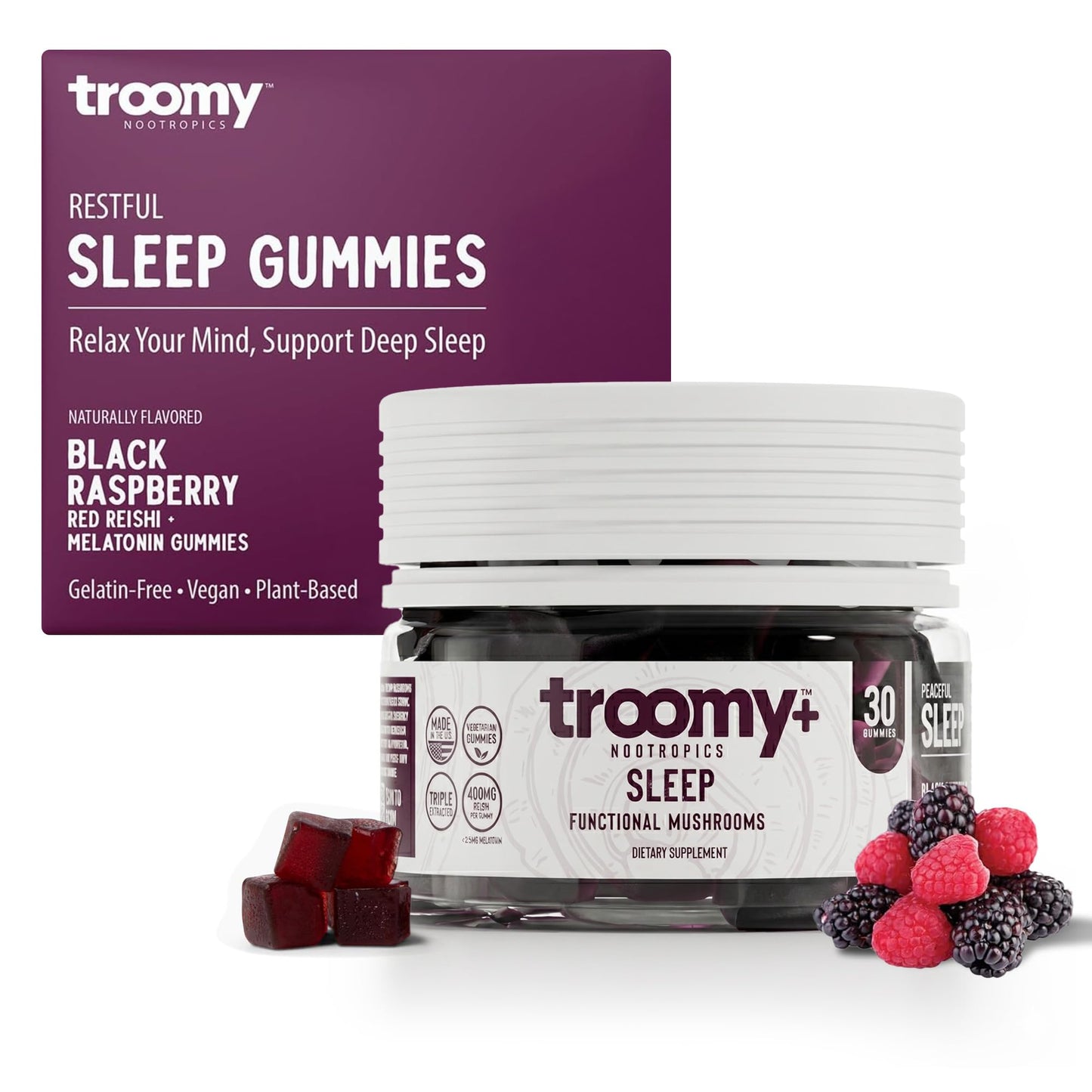 Troomy Nootropics Sleep Gummies for Adults and Kids, Black Raspberry with Red Reishi Mushroom, 30 Count