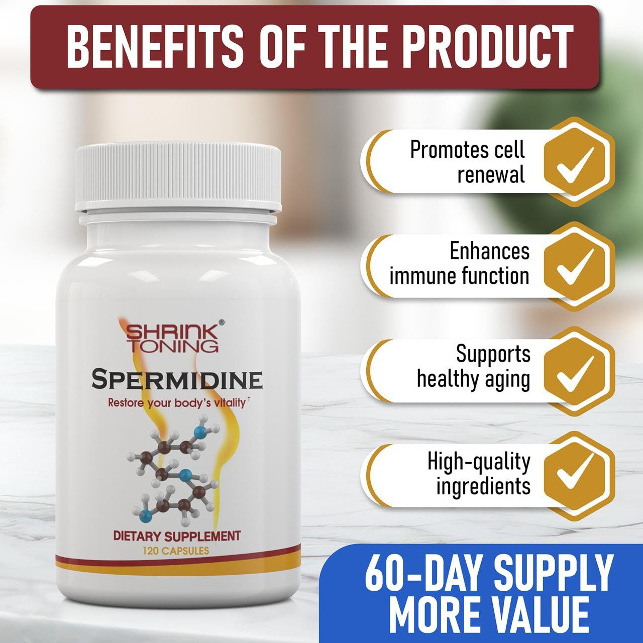 Shrink Spermidine Supplements Skin & Anti-Aging Support Capsules 120 Count
