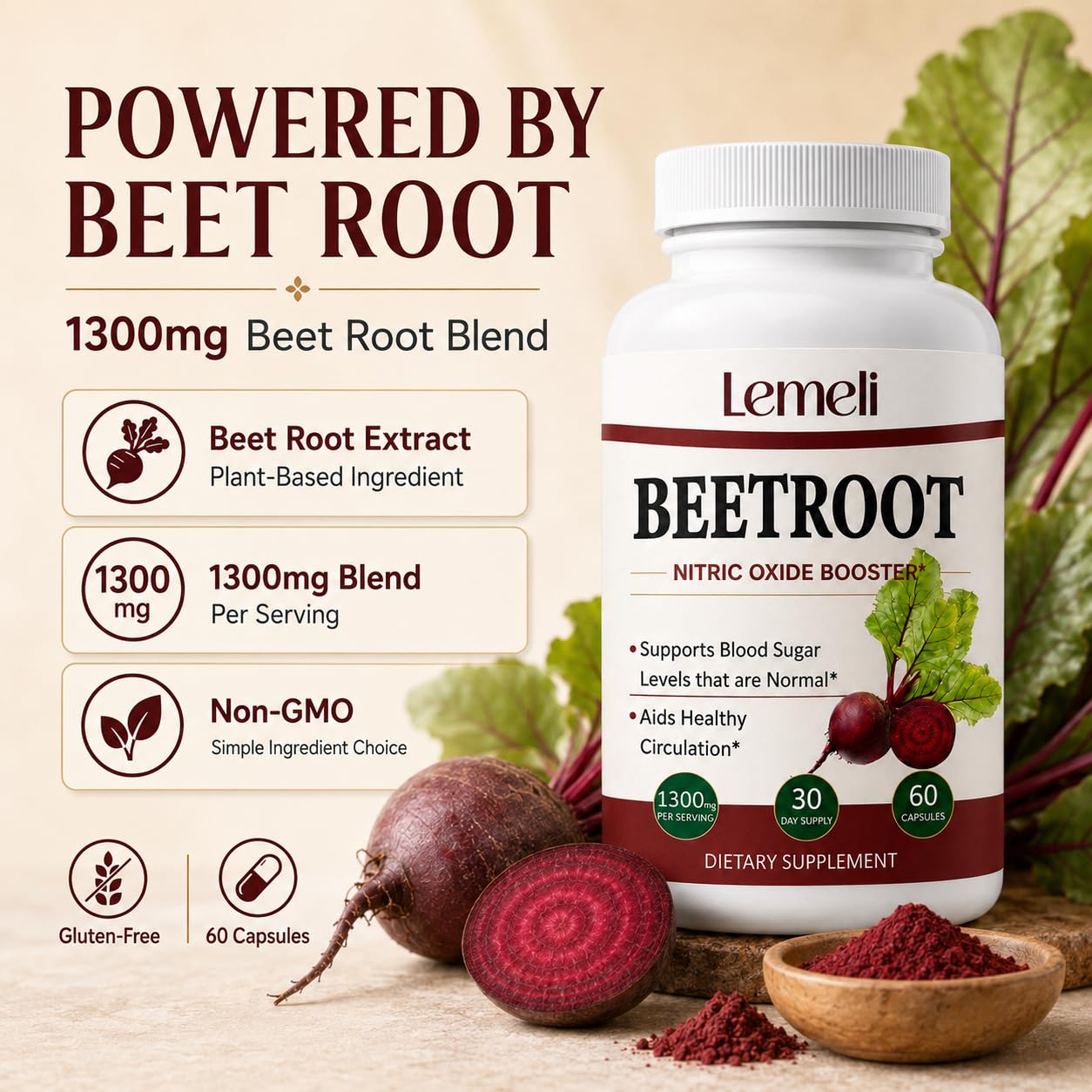 Lence Lemeli Beetroot 1300mg Capsules, 60 Count
