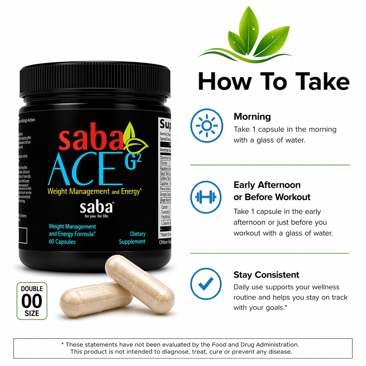 Saba ACE G2 Thermogenic Energy Burn Pre Workout Metabolism Focus Concentration, with Capsimax, CarnoSyn, BioPerine, Green Tea Leaf Extract, for Men & Women, 60 Capsules