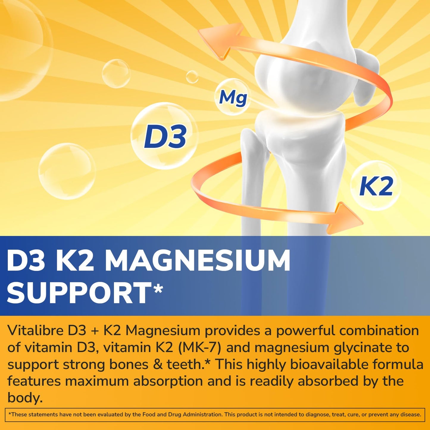 Vitalibre D3 K2 + Magnesium Glycinate Supplement Capsule 90 Count