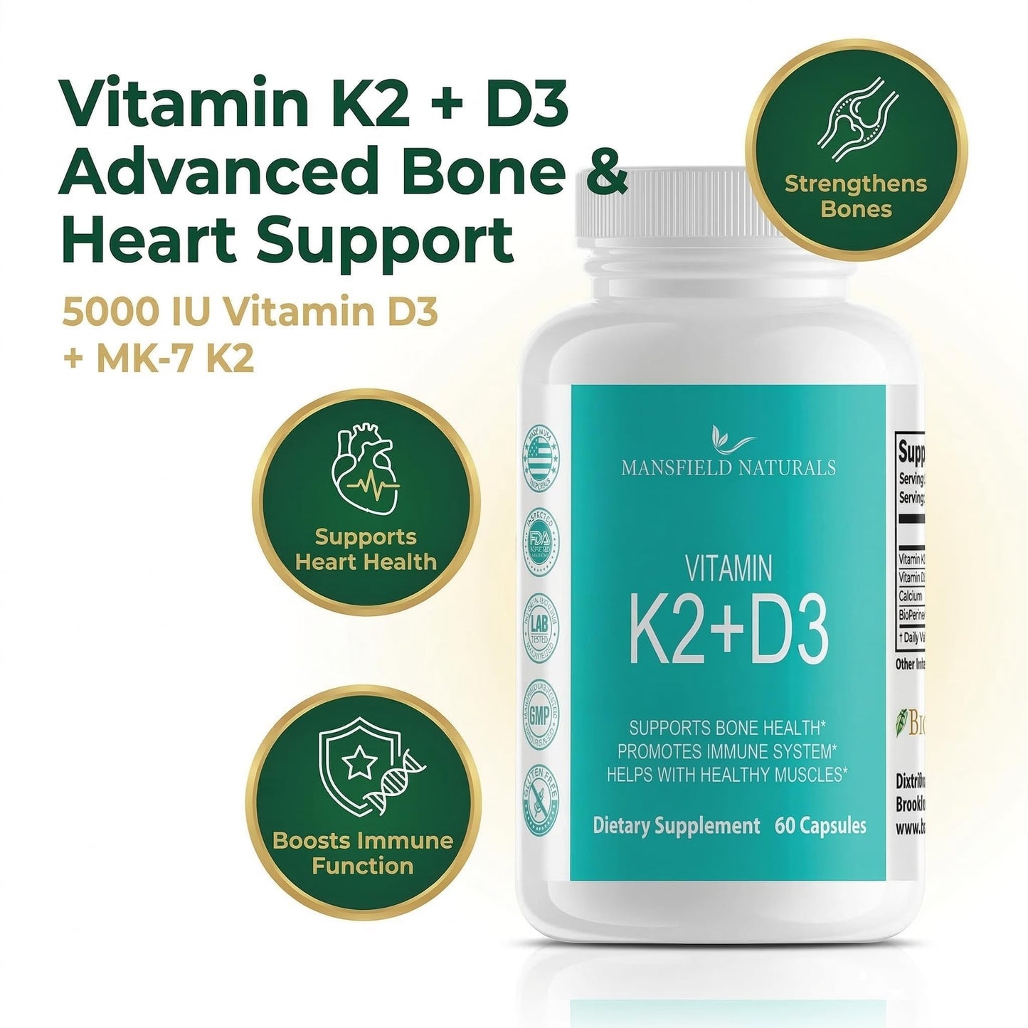 Mansfield Naturals Vitamin K2+ D3 with Calcium and BioPerine, 60 Capsules