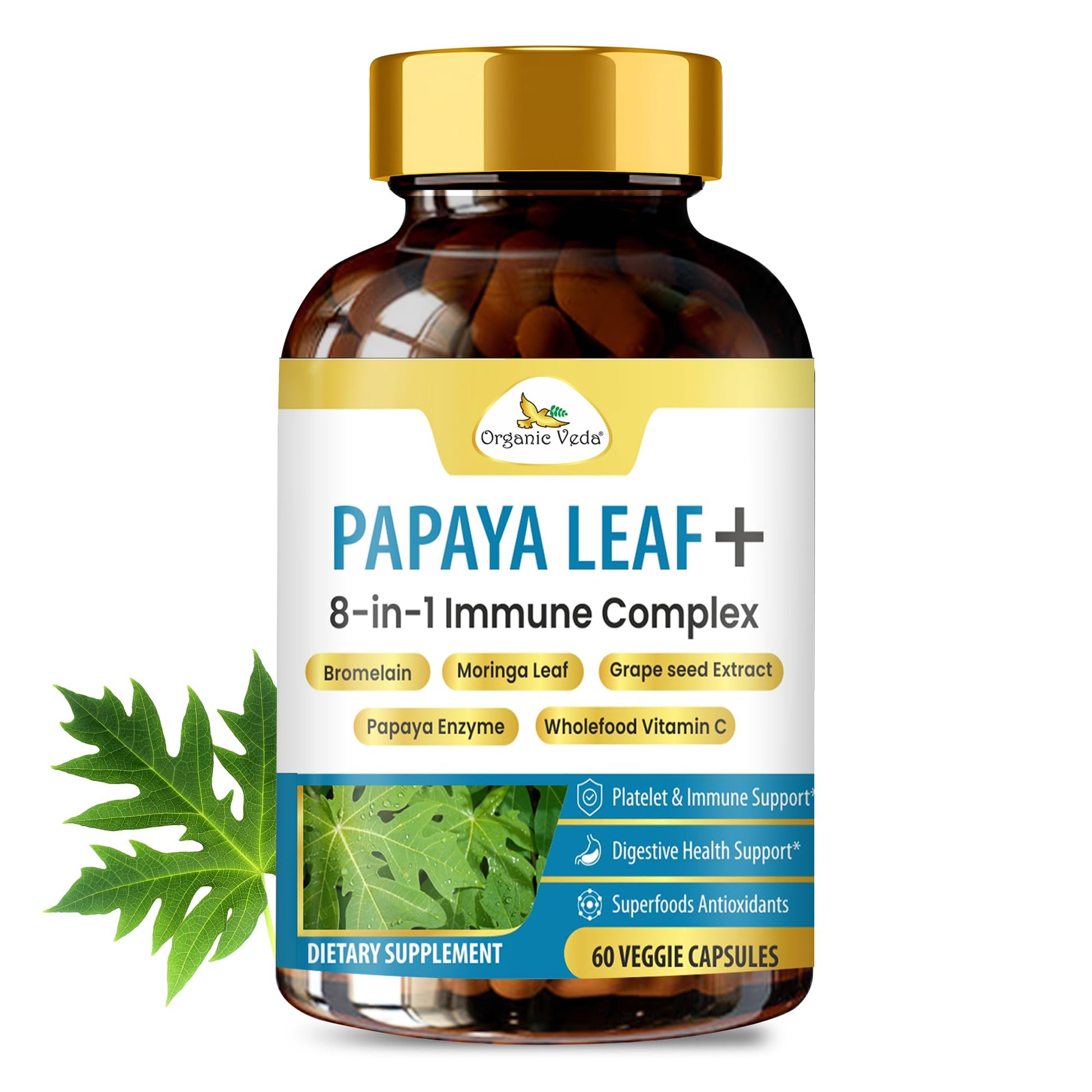 Organic Veda Papaya Leaf + Supplement - 8 in 1 Immune & Platelet Complex with Papain, Papaya Leaf Extract 800 mg, Bromelain, Vitamin C, Grape Seed & Moringa for Bone Marrow & Gut Health, 60 Capsules