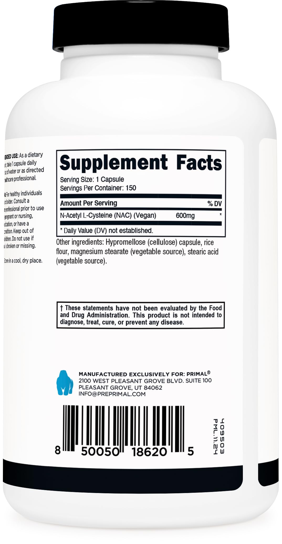 Primal N-Acetyl L-Cysteine 600mg Capsules, 150 Count