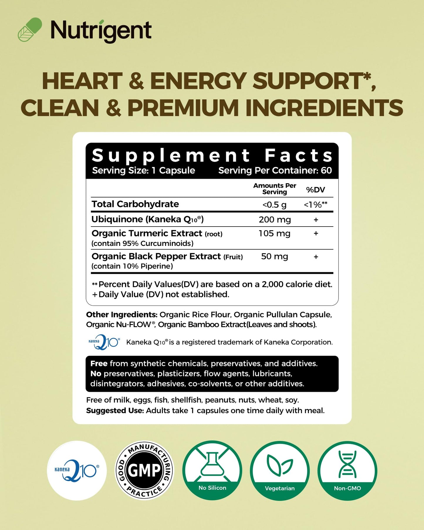 Nutrigent CoQ10 200mg Capsules with Organic Turmeric & Black Pepper – Antioxidant Support, Heart & Brain Health, Cellular Energy Production – Clean Label Formula, 60 Capsules