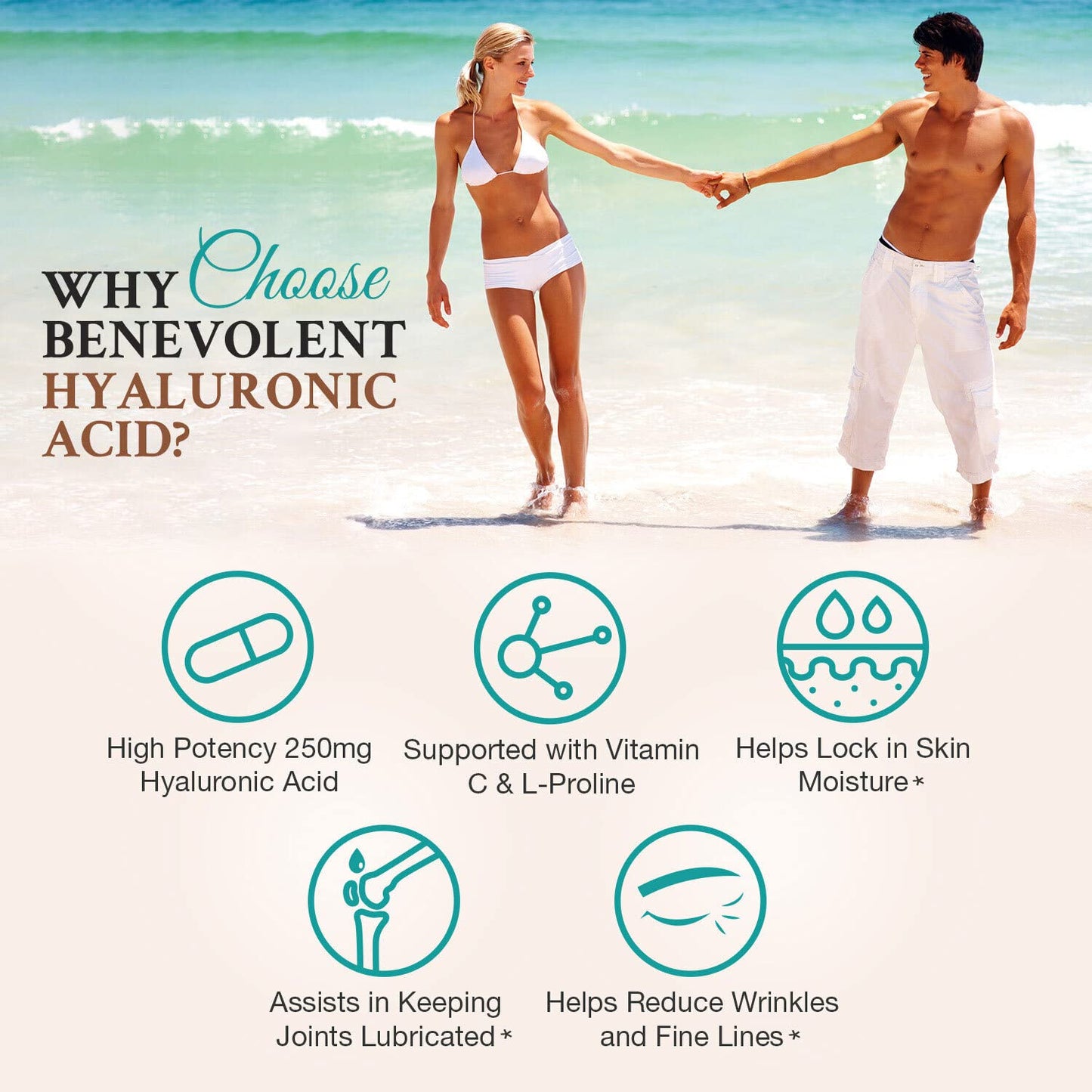 Benevolent Nourishment Hyaluronic Acid Capsules 250mg with Vitamin C 200mg & L-Proline 1000mg, Anti-Aging Support, 120 Capsules