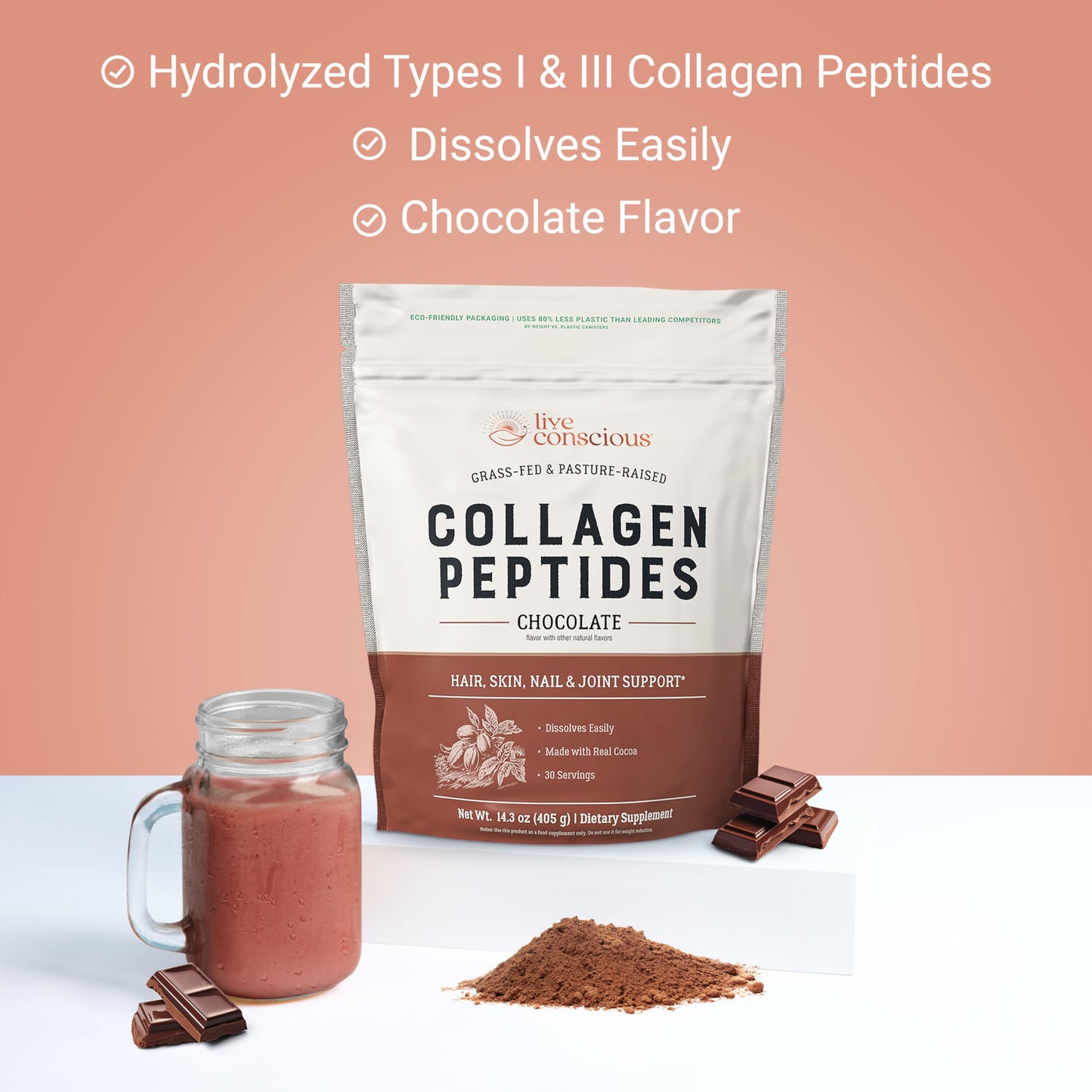 Live Conscious Collagen Peptides Powder - Chocolate - Hair, Skin, Nail, and Joint Support - Type I & III Grass-Fed Collagen Supplements for Women and Men - 15 oz