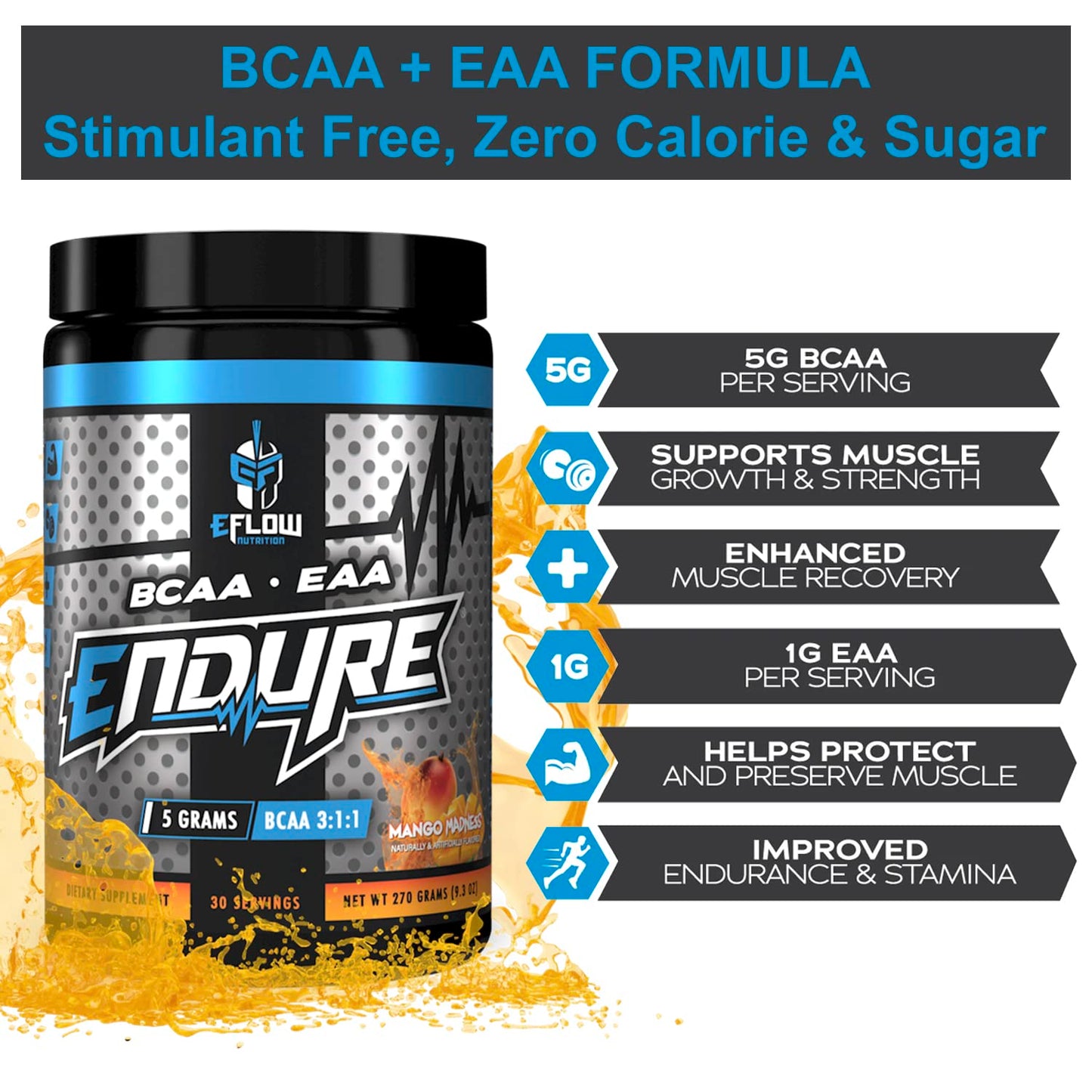eFlow Nutrition Endure BCAA Plus EAA - Essential Amino Acids Electrolyte Powder Intra Workout - Improve Energy, Recovery and Performance - Mango Madness 9.3 oz