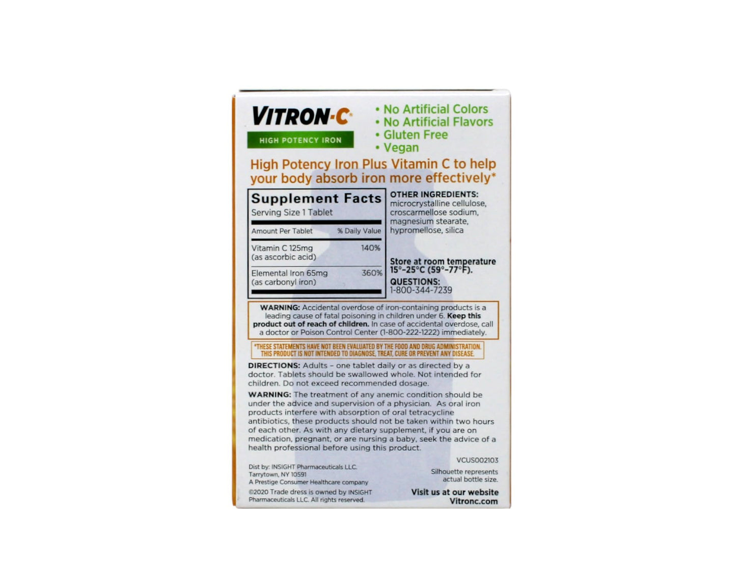 Vitron-C High Potency Iron Dietary Supplement – Iron Plus Vitamin C, 65 mg Elemental Iron, 60 Coated Tablets