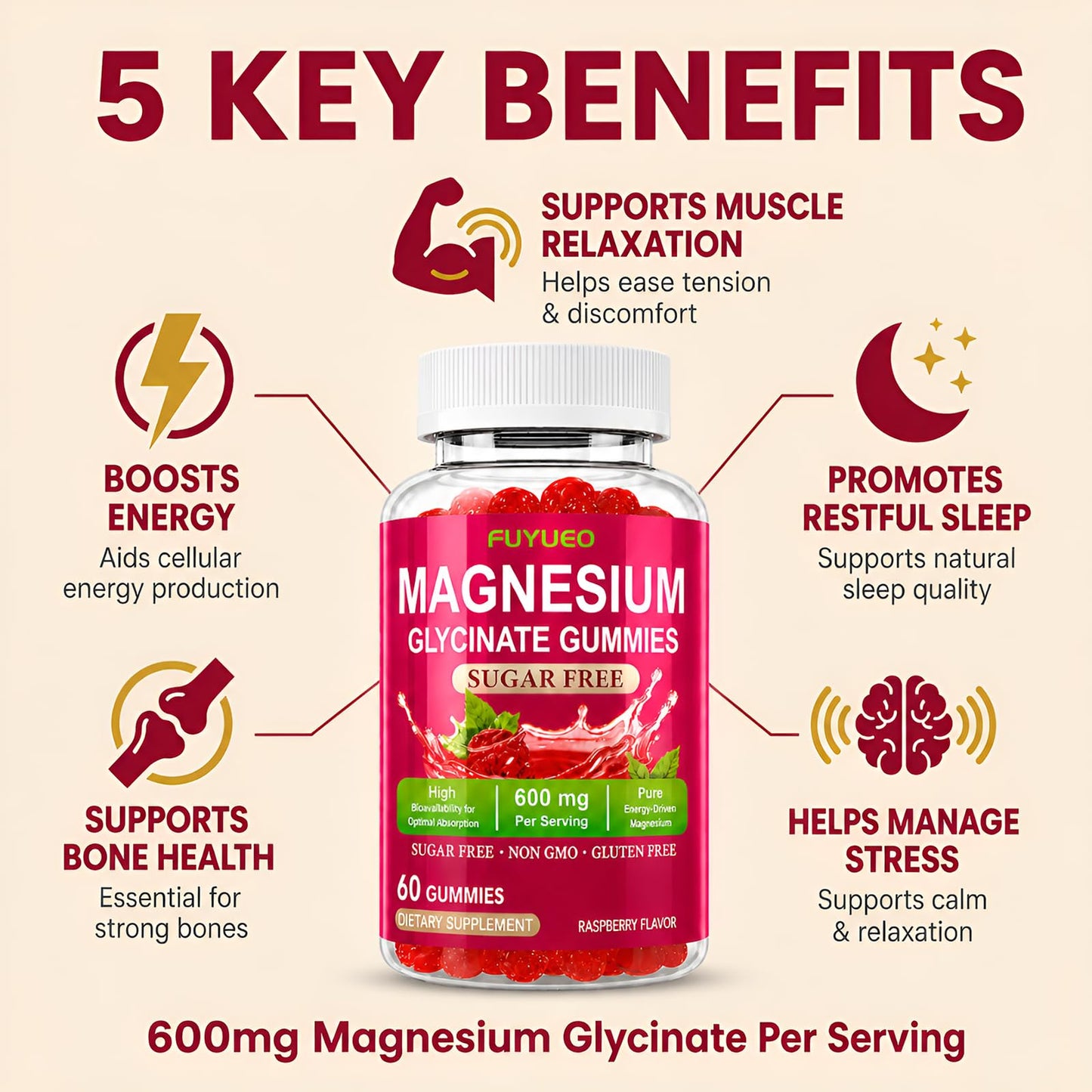 FUYUEO Magnesium Glycinate Gummies, 60 Count