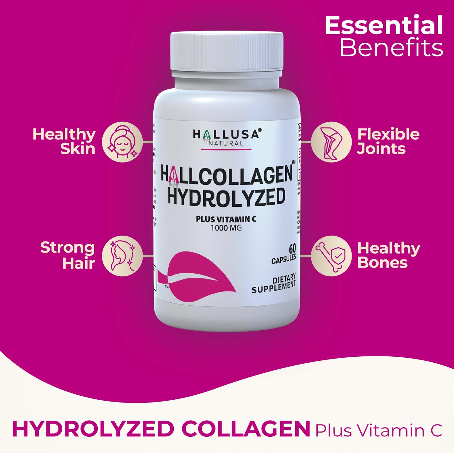 Hallusa Natural Hydrolyzed Collagen Capsules 1000mg with Vitamin C, 60 Capsules