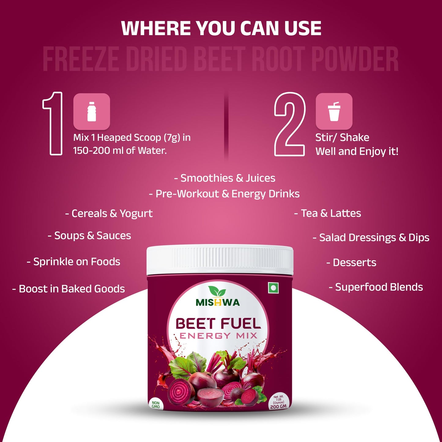 MISHWA Beet Fuel Energy Mix Freeze-Dried Beetroot Powder, 7.06 oz