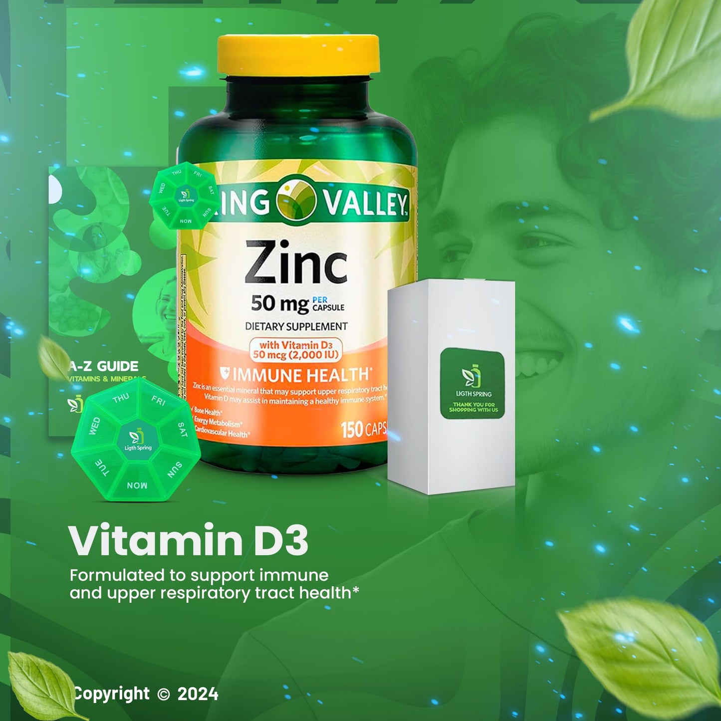 LightSpring Zinc Supplement 50mg with Vitamin D3 50 mcg (2,000 IU) Capsule 150 Count