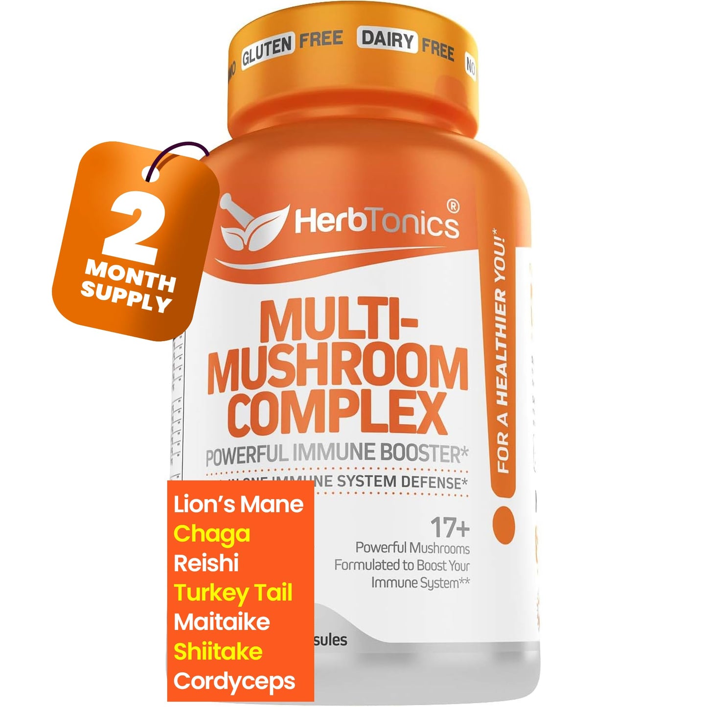 Herbtonics All-in-One Mushroom Supplement for Immune System Support, 120 Capsules
