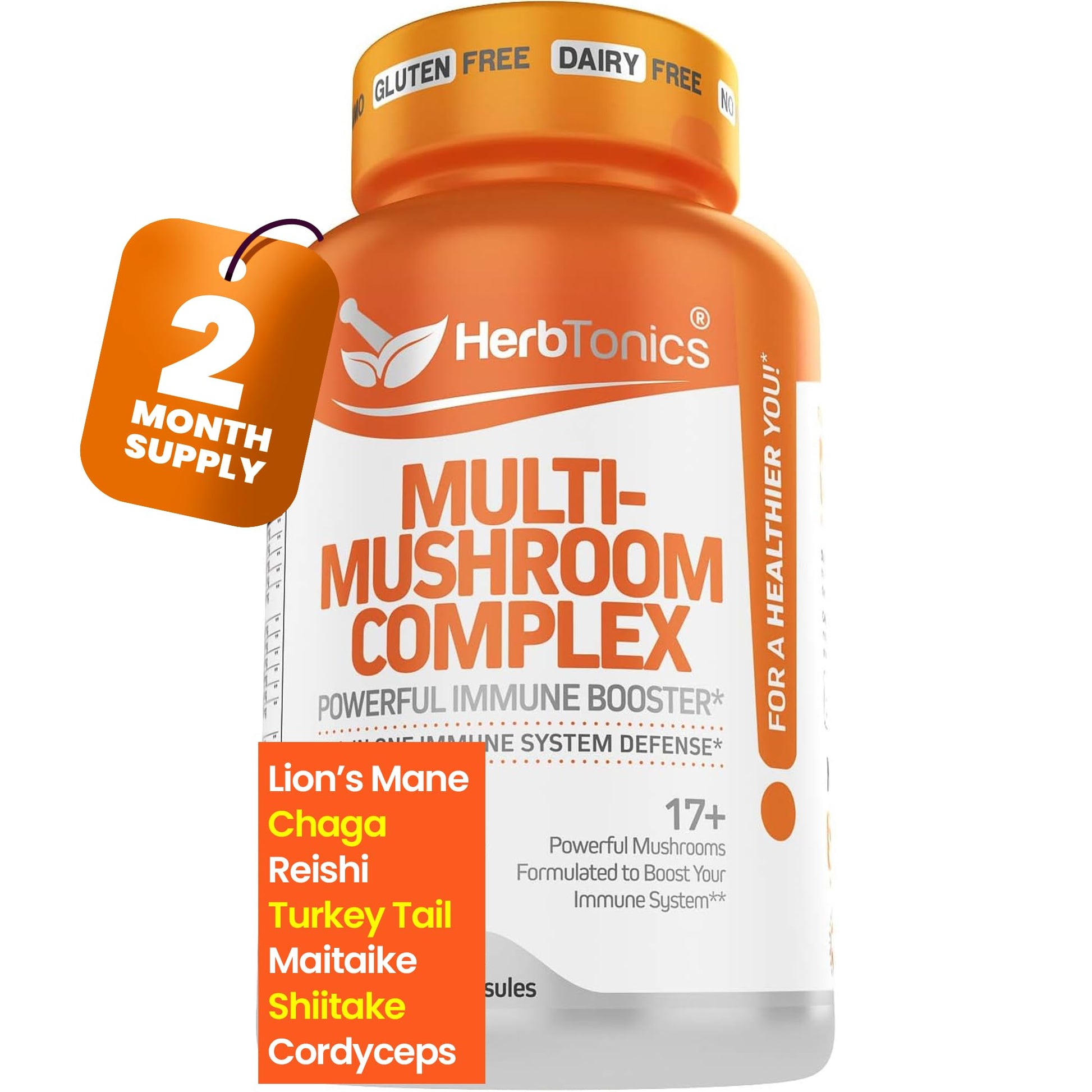 Herbtonics All-in-One Mushroom Supplement for Immune System Support, 120 Capsules