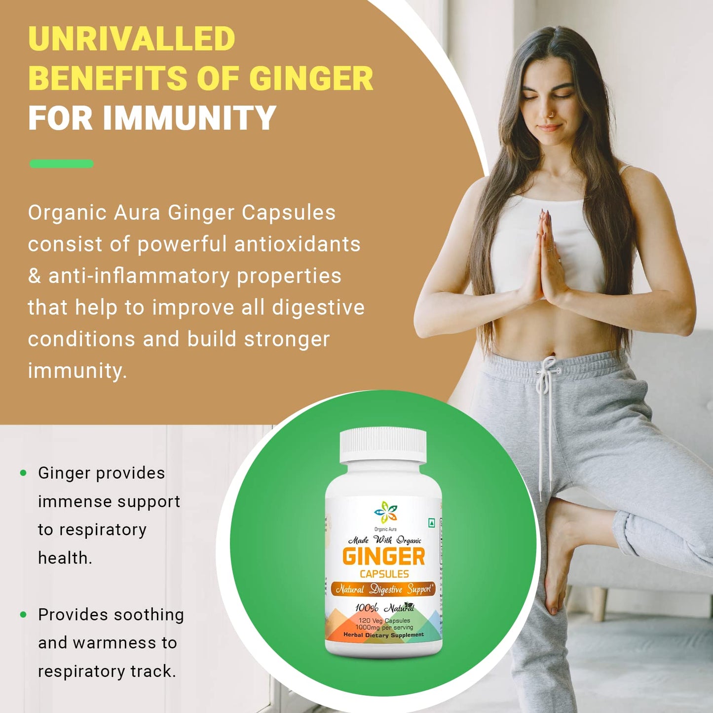 Organic Aura International Ginger Capsules 120 Veg Capsules