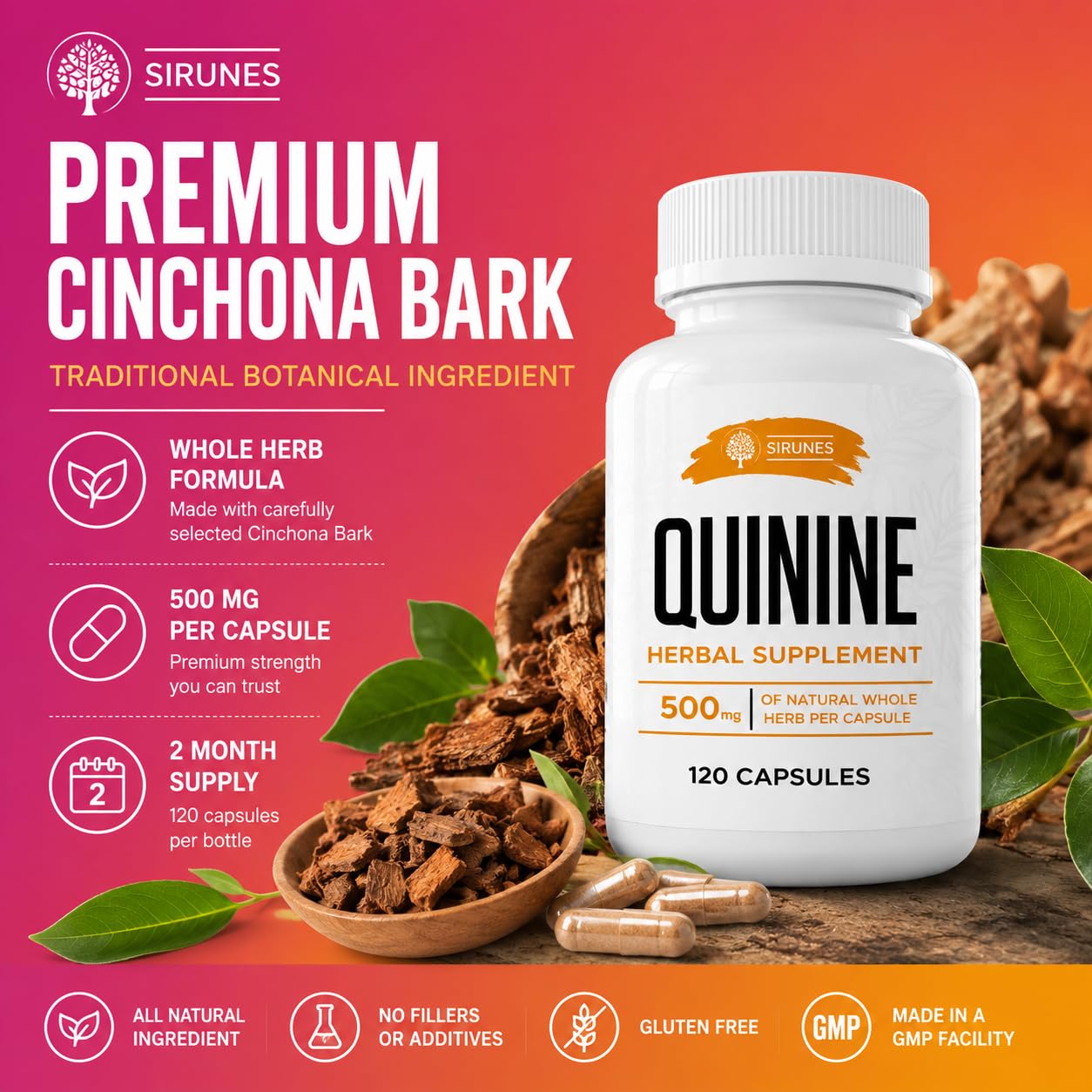 SIRUNES Leg Cramps Relief Quinine Capsules – Natural Cinchona Bark Supplement for Cramp Defense & Digestive Health – 500 mg Quinine, 120 Count