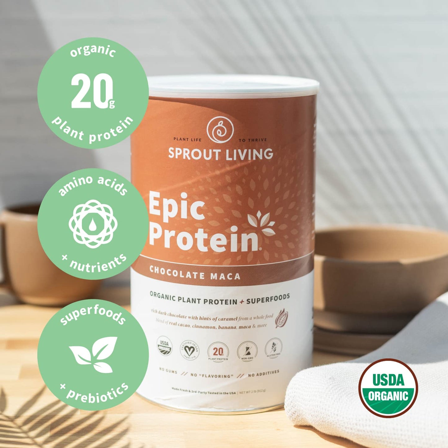 Sprout Living Epic Protein Bundle - Chocolate Maca & Vanilla Lucuma Protein Powder, 2 lb, 24 Servings