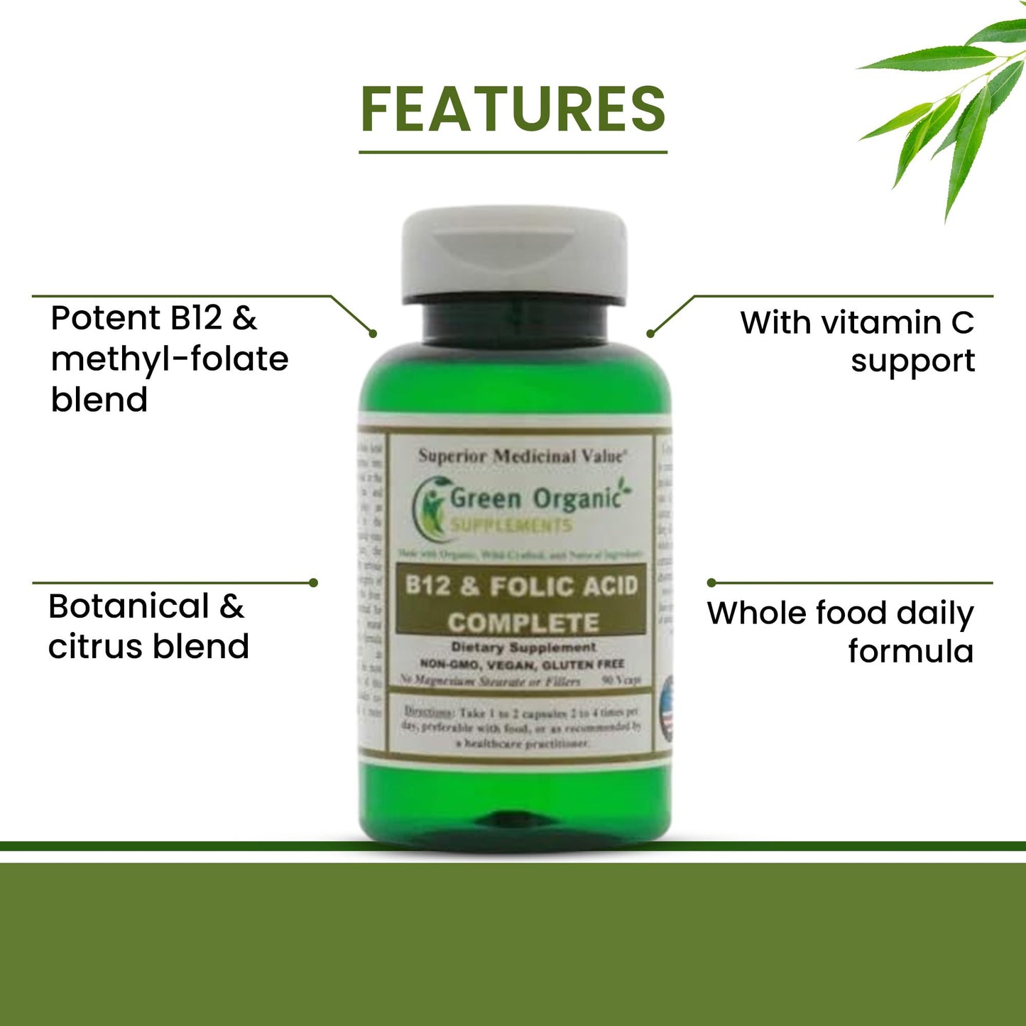 Green Organic Supplements Vitamin B12 & Folic Acid Complete Capsules 90