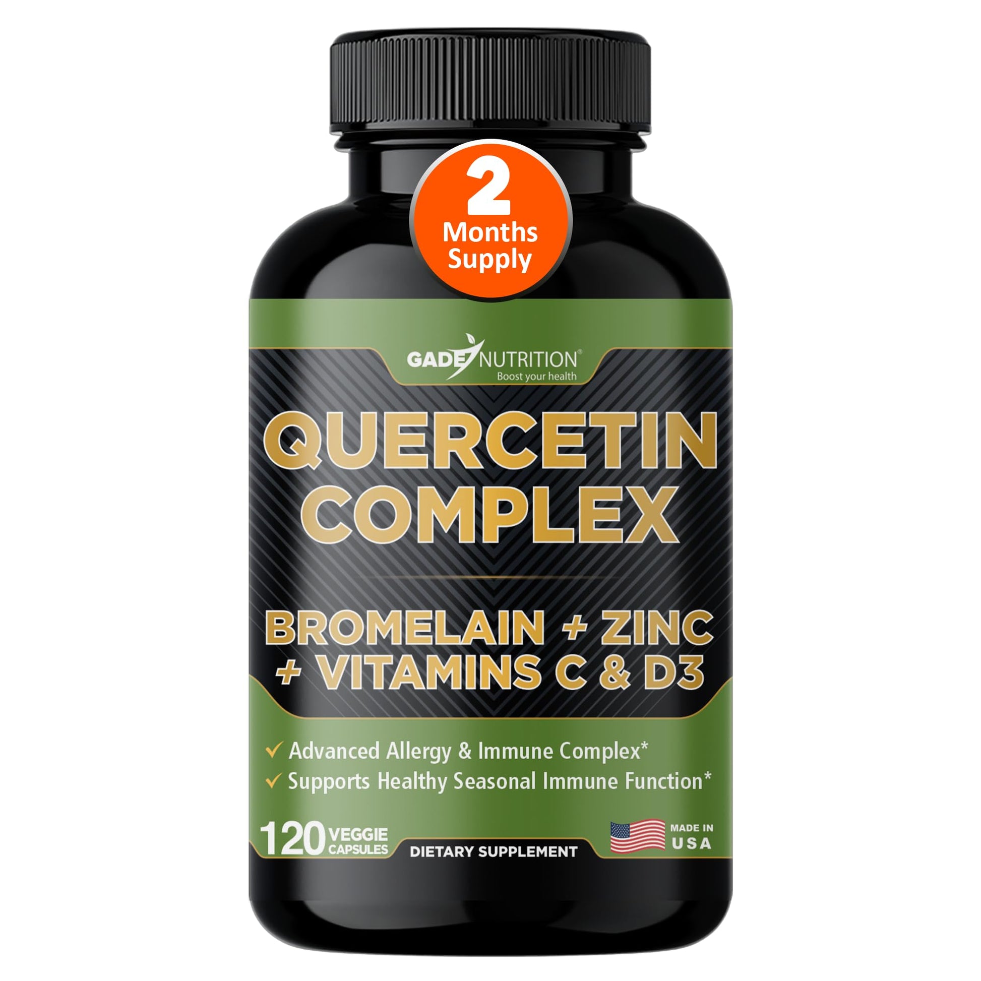 GADE NUTRITION BOOST YOUR HEALTH Organic Quercetin with Bromelain Vitamin C and Zinc Immune Support Supplement Quercetin 500mg Capsules 120