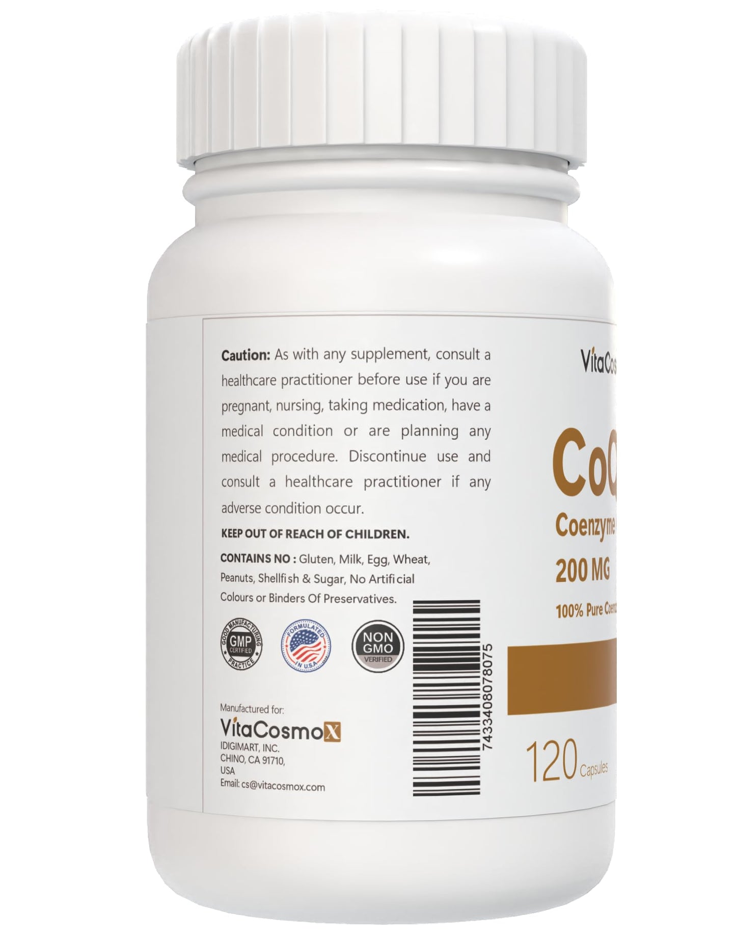 VitaCosmoX CoQ10 Vegan Capsules 200 mg, 120 Count