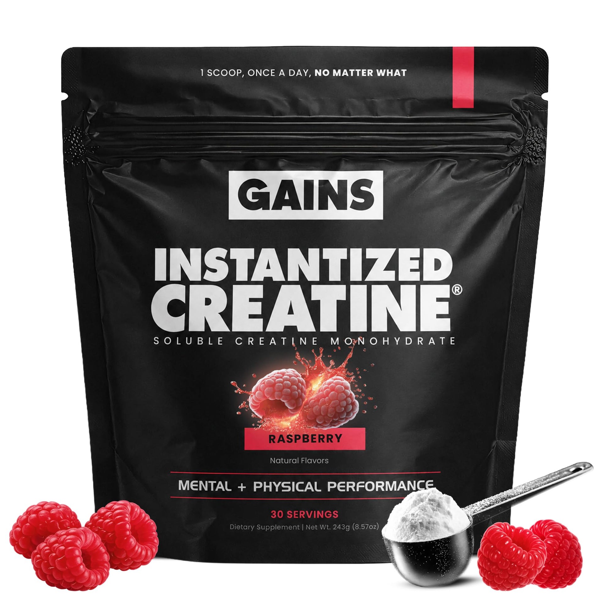GAINS IN BULK Instantized Creatine Monohydrate Raspberry Flavor, Powder, 30 Servings