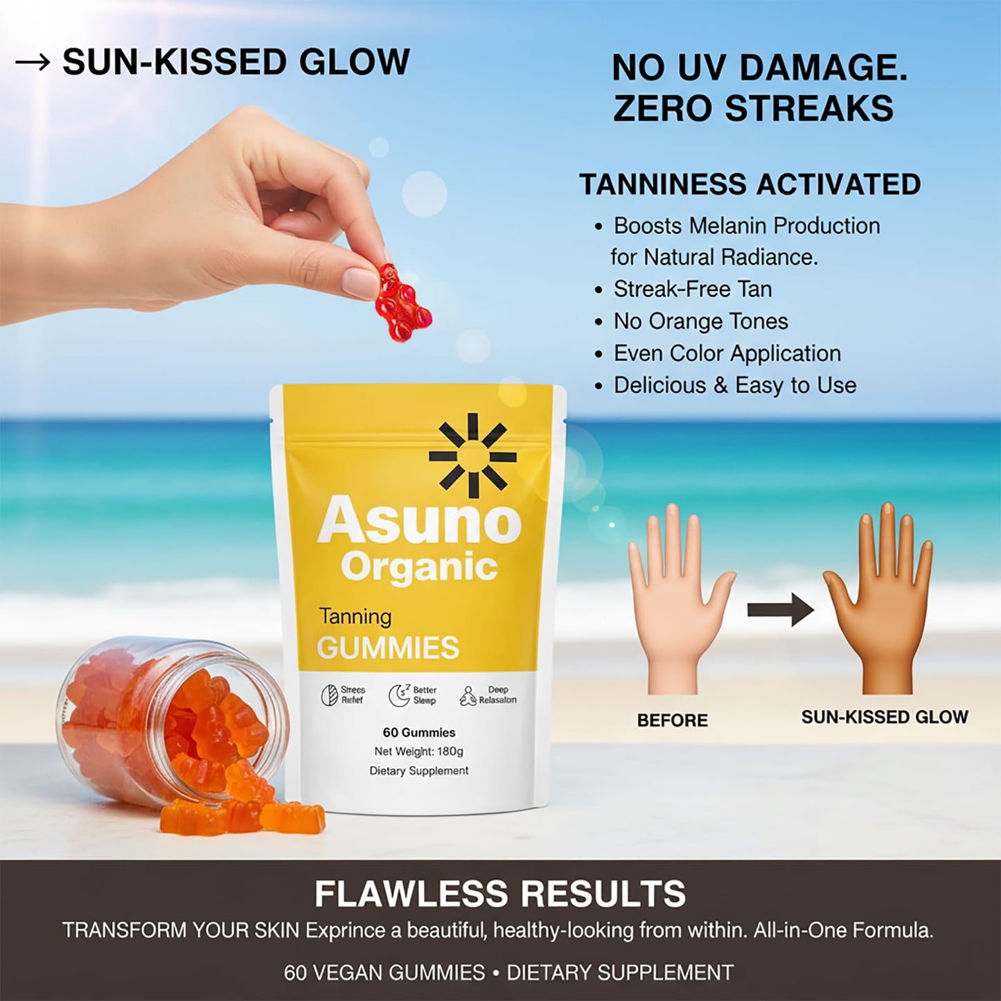 Asuno Organic Tanning Gummies with Astaxanthin, Beta Carotene, Vitamin C for Women and Men, 60 Gummies