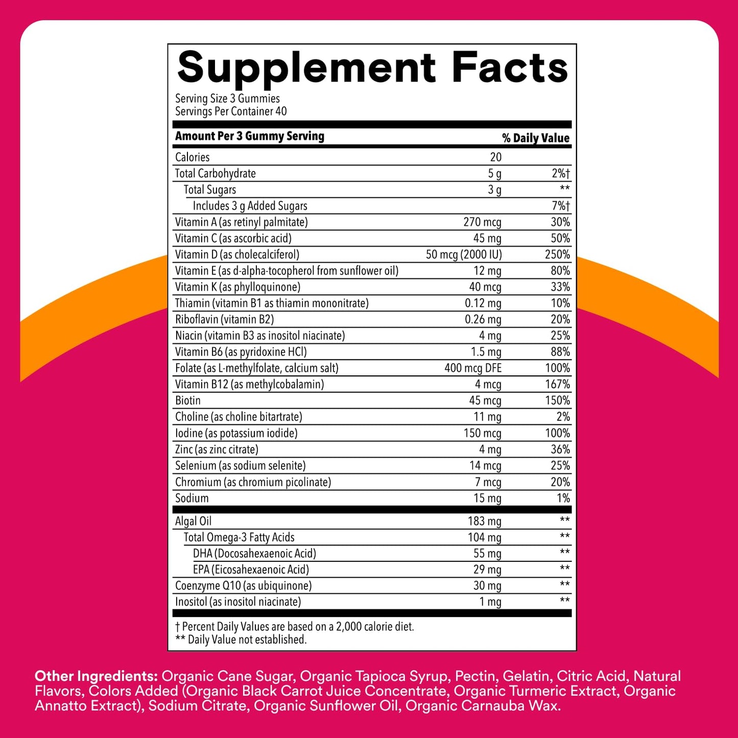 SmartyPants Women's Multivitamin Gummies, Omega 3 (DHA/EPA), Methylfolate, CoQ10, Vitamin D3, C, Vitamin B12, B6, A, K & Zinc, Inositol, Gluten Free, 120 Count (40 Day Supply)