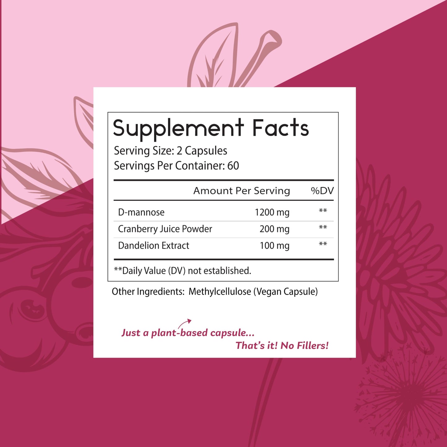 Thomas' all-natural Remedies D-mannose 1200mg with Cranberry and Dandelion, 120 Capsules