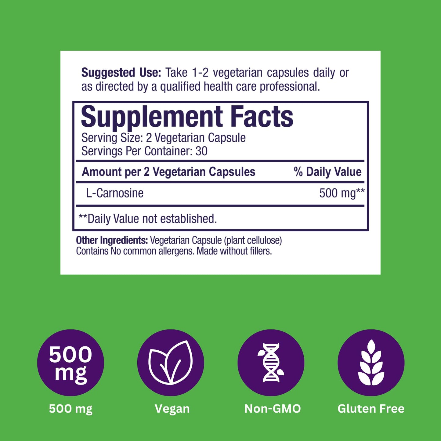 Paradise Herbs L-Carnosine, Super Potent, Ultra Pure, Antioxidant, Vegan, Non GMO, Gluten Free, 60 Capsules