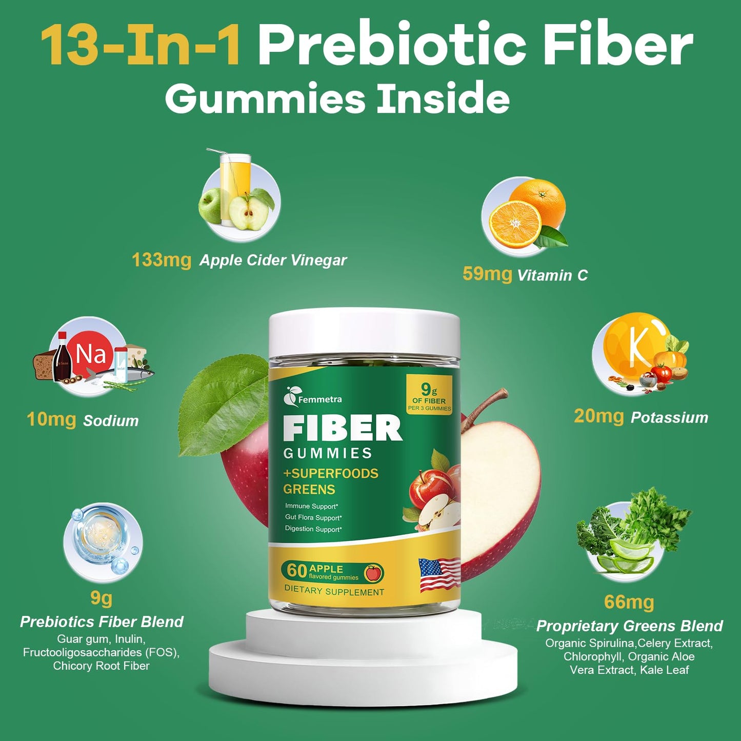 Femmetra 9G Fiber Gummies for Digestive Health & Regularity, No Sugar Added Apple Flavor, Prebiotic Fiber Supplement with Greens, 120 Gummies
