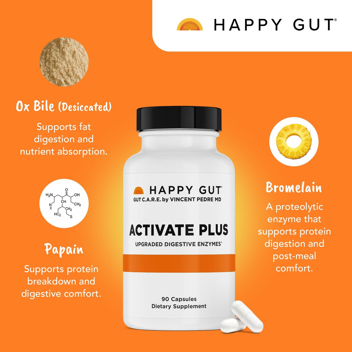 Happy Gut Activate Plus Doctor-Formulated Digestive Enzymes Gut Balance, 90 Capsules
