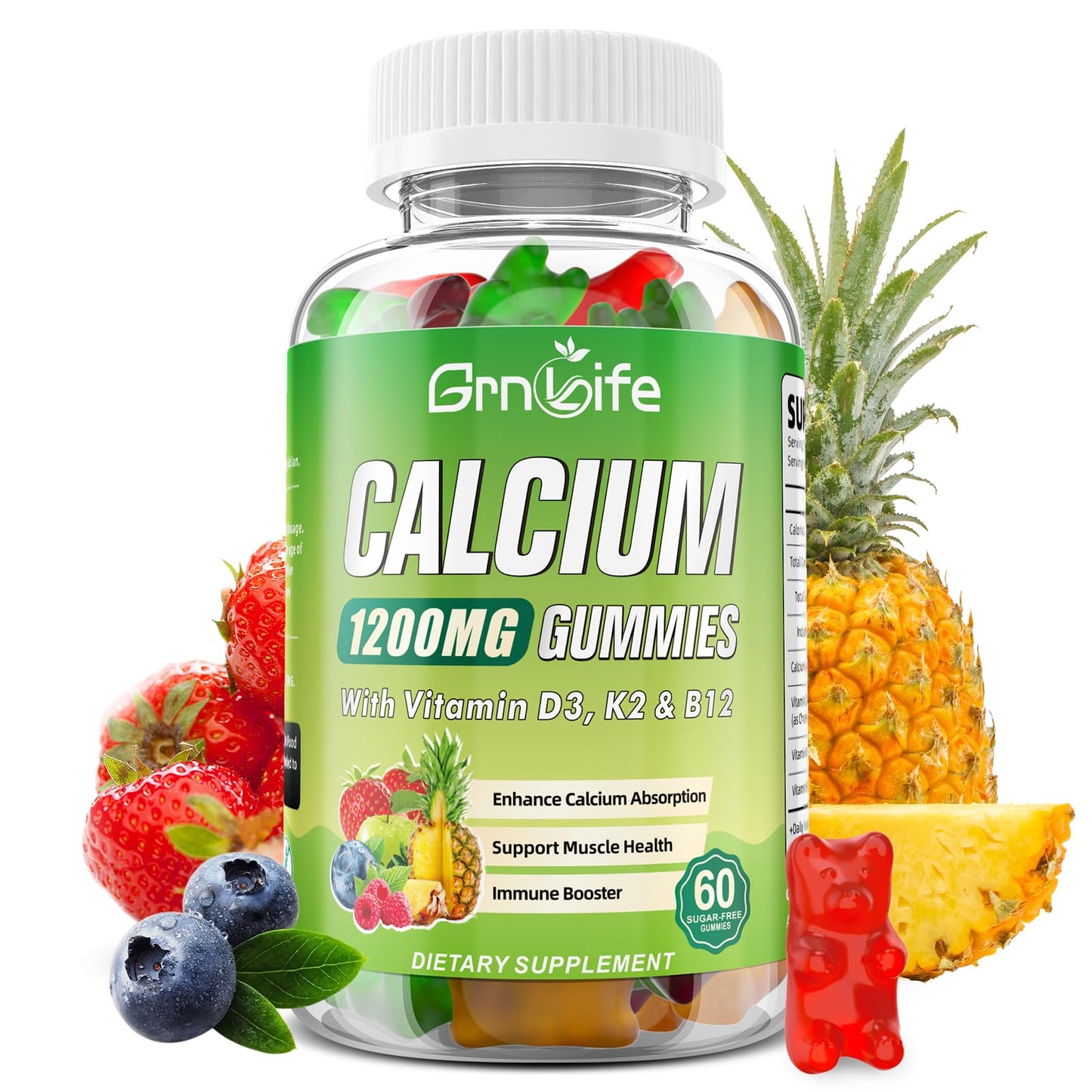 GrnLife Calcium Citrate 1200mg with Vitamin D3 Gummies, K2 & B12, Mixed Flavors, 60 Count