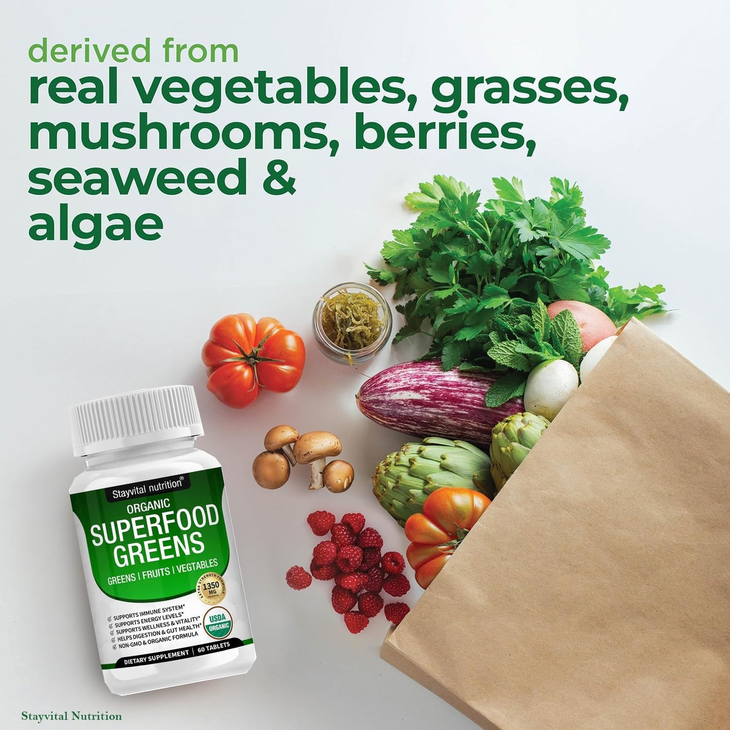 Stayvital Nutrition USDA Organic Superfood Greens – 28 Plant-Based Ingredients, Fruit & Veggie Supplement with Alfalfa, Beet Root, and Ginger, 60 Capsules