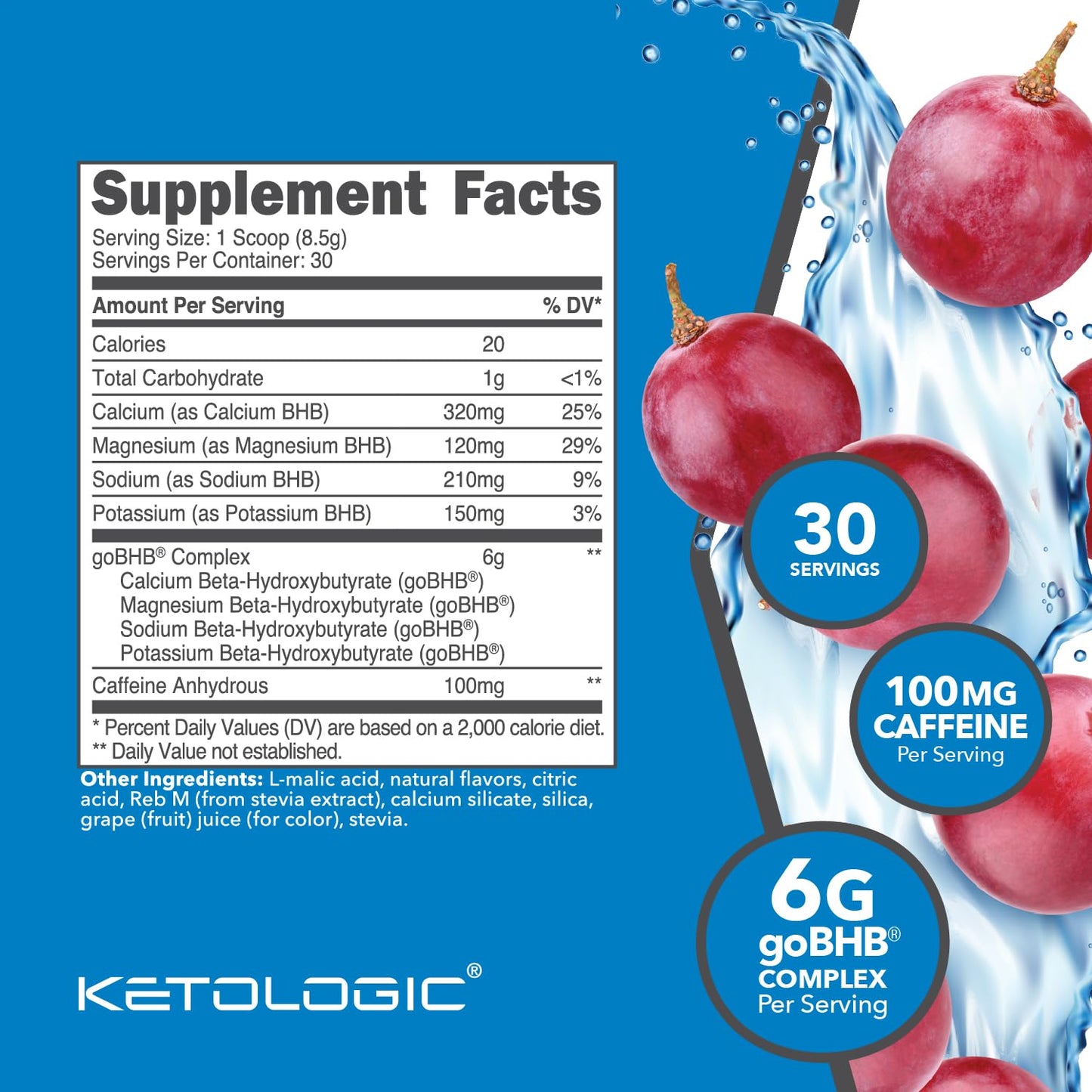 Ketologic BHB KetoEnergy Exogenous Ketones Powder with Caffeine (Grape) 8.9 Ounce