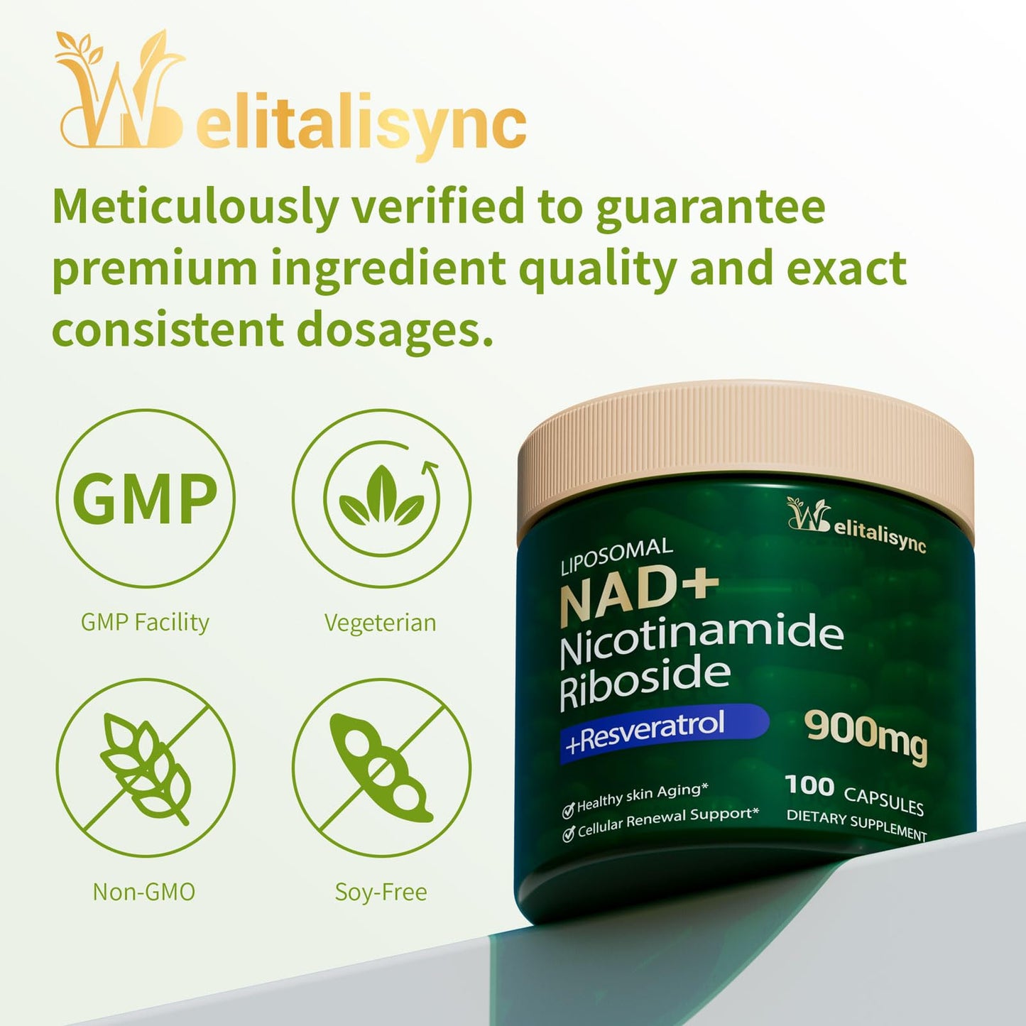 Welitalisync Premium NAD+ Supplement - Nicotinamide Riboside & Resveratrol 900mg – Fast-Absorbing Cellular Renewal Capsules for Energy, Anti-Aging & Brain Health – 200 Capsules