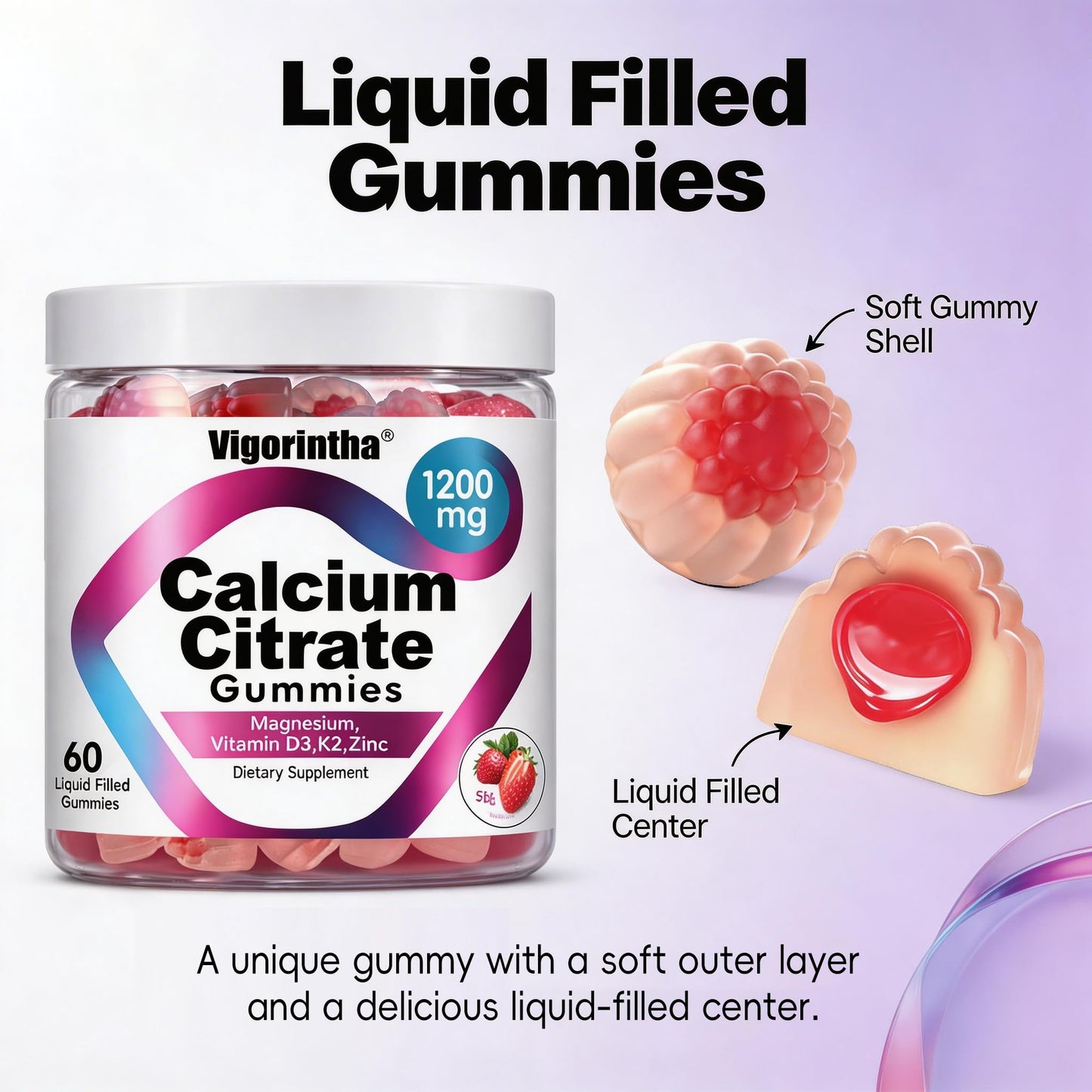 Vigorintha Calcium Citrate Gummies 1200mg with Magnesium, Vitamin D3, K2, Strawberry Flavor, 120 Gummies