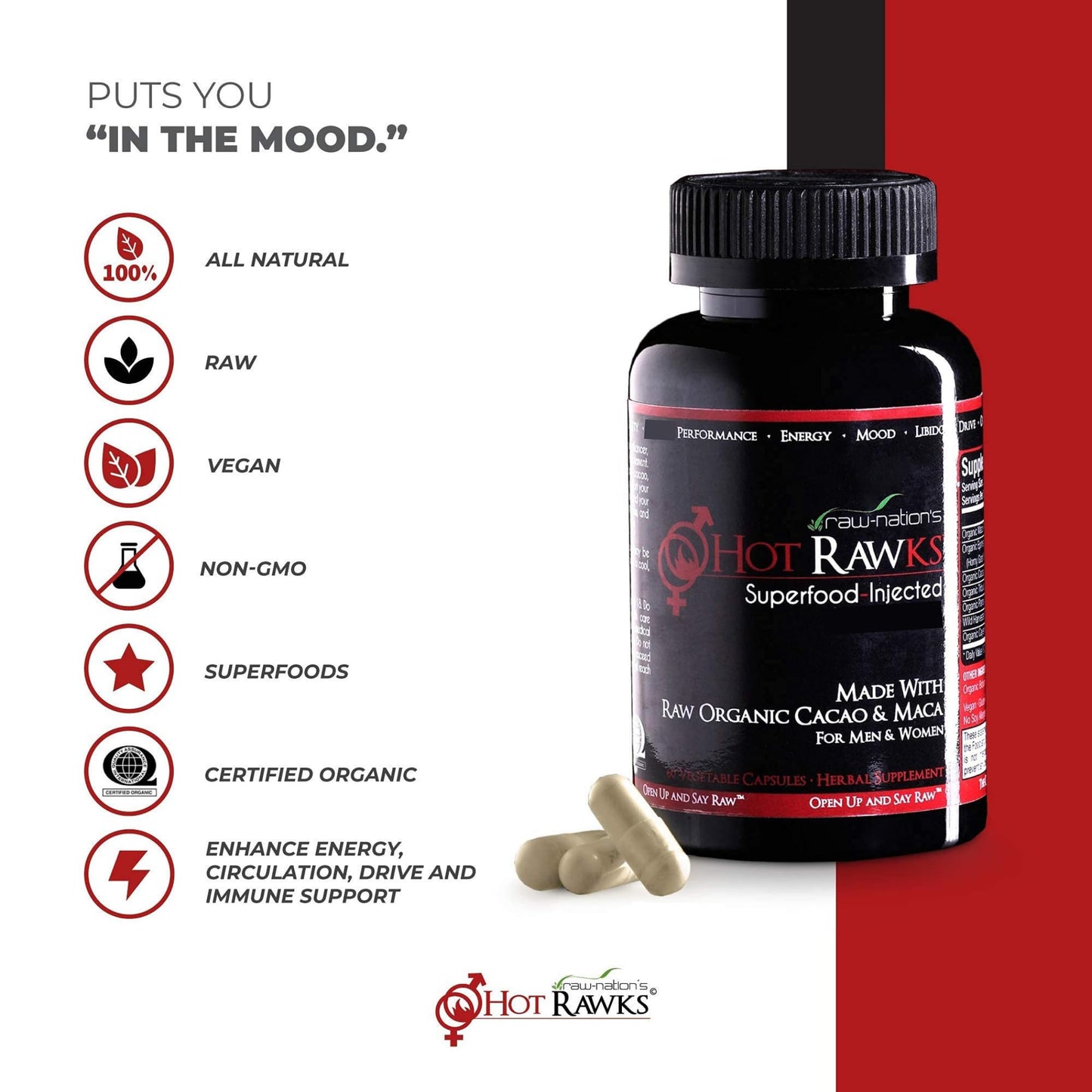 Hot Rawks RAW-NATION'S Organic Maca Root Supplement Capsules, 60 Count