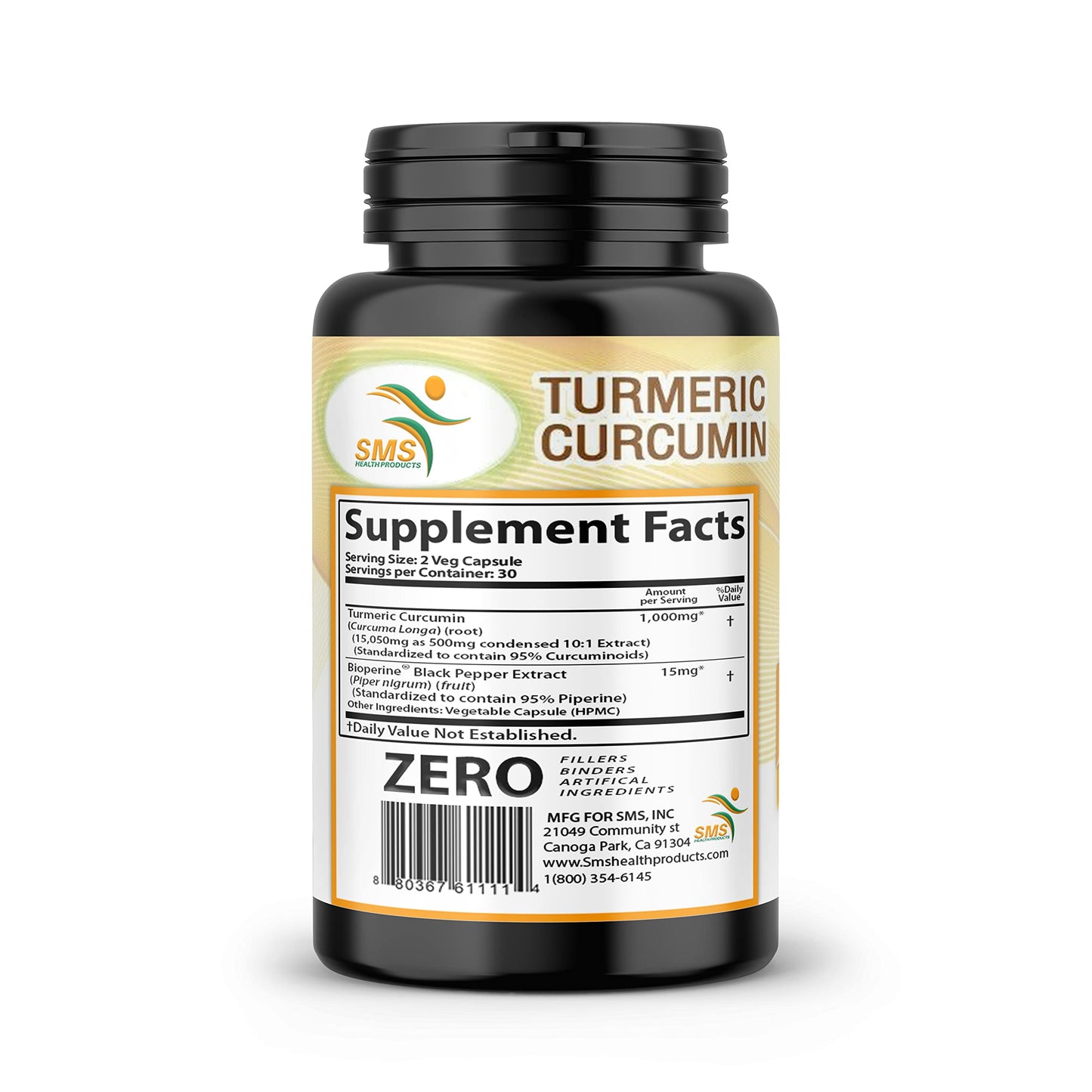 SMSHEALTHPRODUCTS.com Pure Turmeric Curcumin 1000 mg Black Pepper Extract 95% Curcuminoids Capsules 60 Count