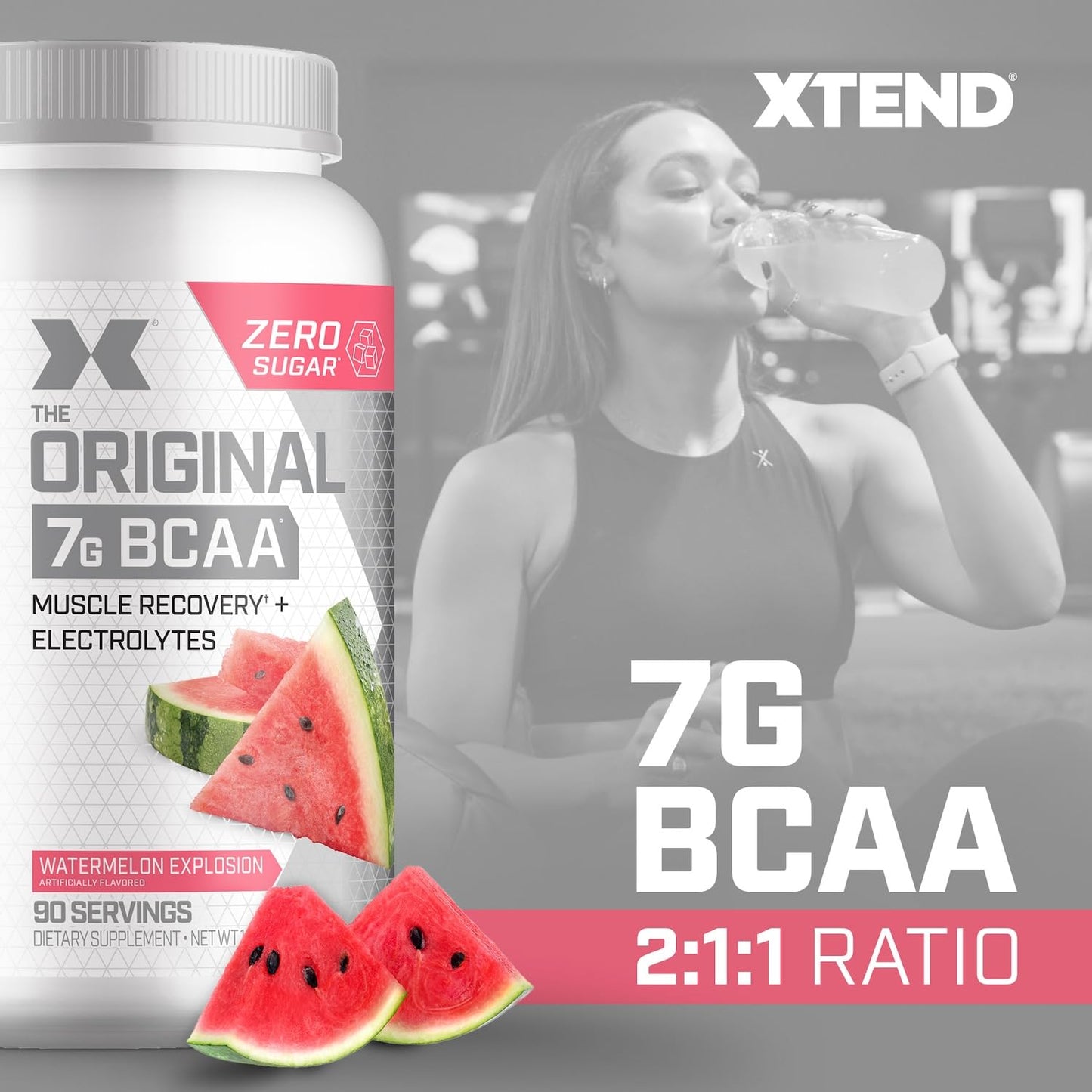 Xtend Original BCAA Powder, 7g BCAAs and 2.5g L-Glutamine for Muscle Recovery Hydration and Lean Muscle, Sugar Free Intra and Post Workout Drink with Electrolytes, Watermelon Explosion, 90 Servings