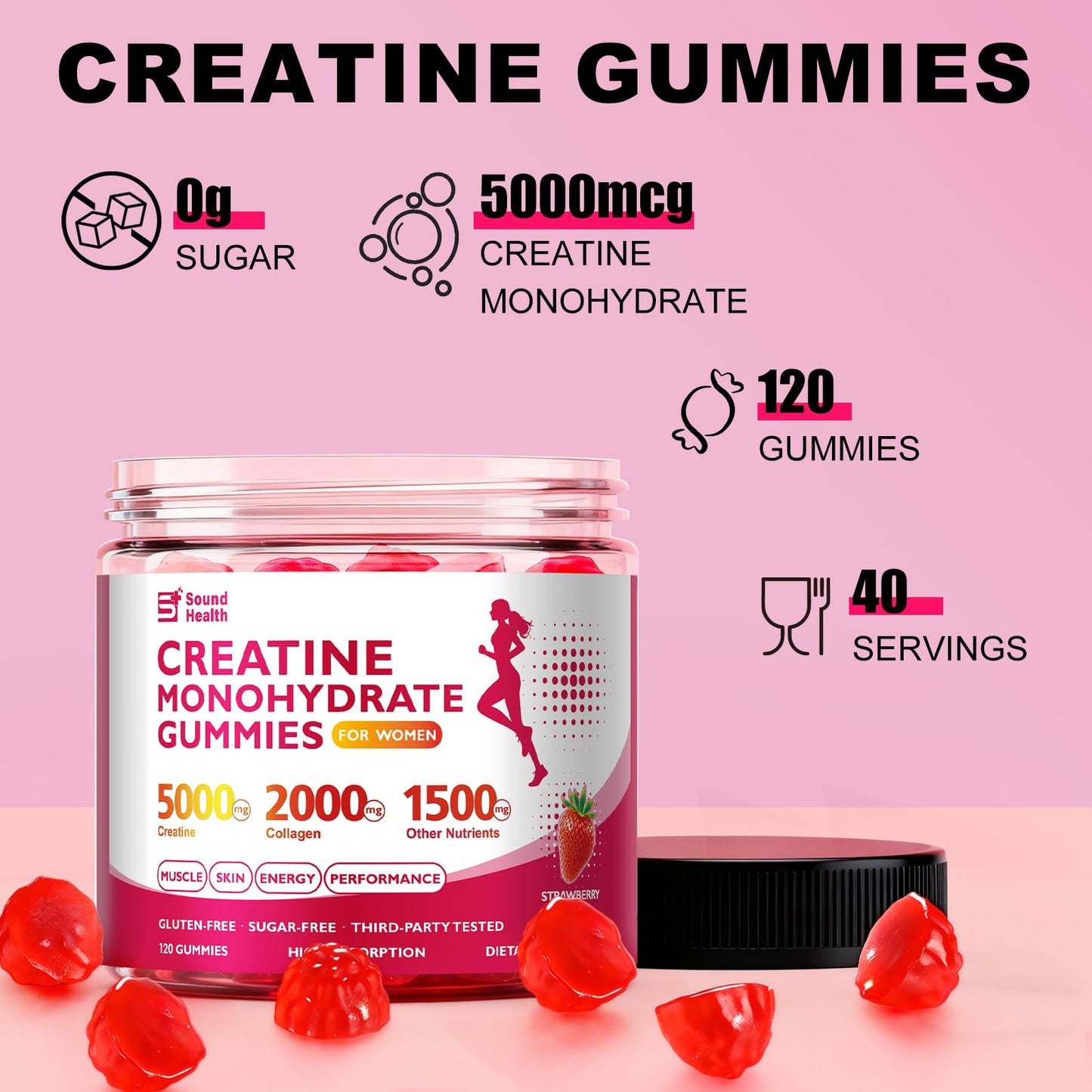 Sound Health Organic 12 in 1 Creatine Gummies, Strawberry Flavor, 120 Count