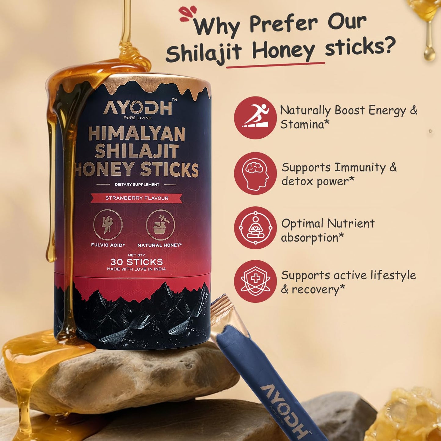 AYODH Pure Himalayan Shilajit Honey Sticks with Honey & Strawberry Softgel, 4 Softgels