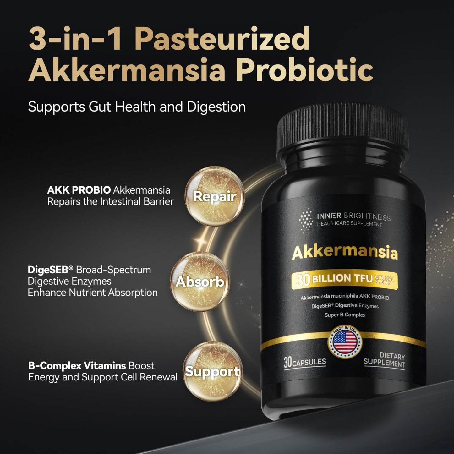 Inner Brightness Akkermansia Probiotic GLP-1 Supplement for Gut Health & Digestion, DigeSEB Digestive Enzymes & Vitamin B Complex - 30 Billion TFU, Third-Party Tested, 30 Capsules
