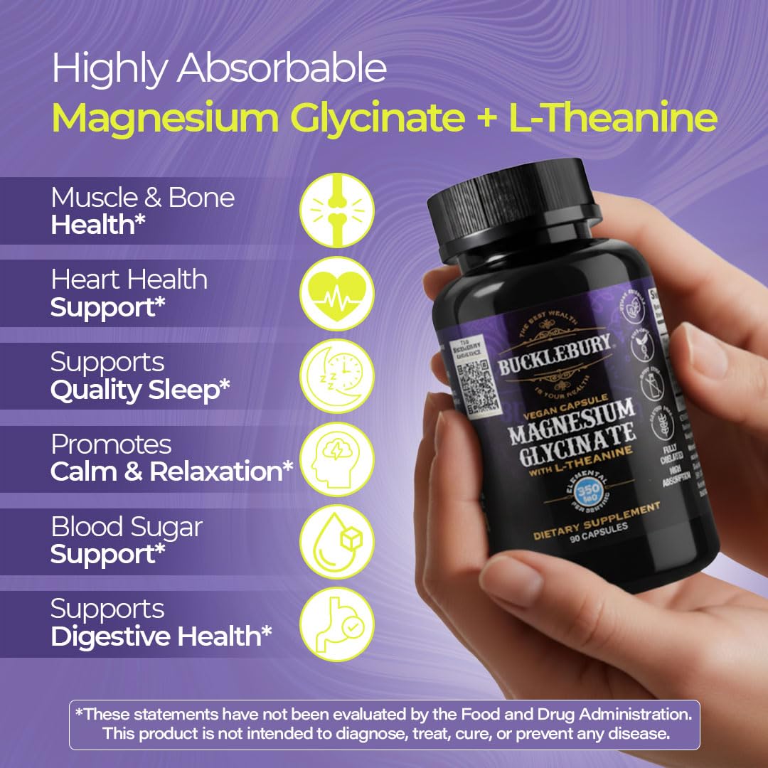 Bucklebury Magnesium Glycinate Capsules with L-Theanine 350mg - Advanced Formula for Stress Relief, Muscle & Bone Health Support - Vegan, 90 Count