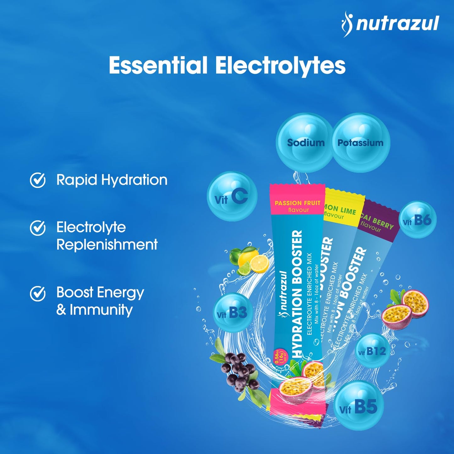 Nutrazul Hydration Booster Electrolytes Powder Sticks Acai Berry Flavor, 90 Sticks
